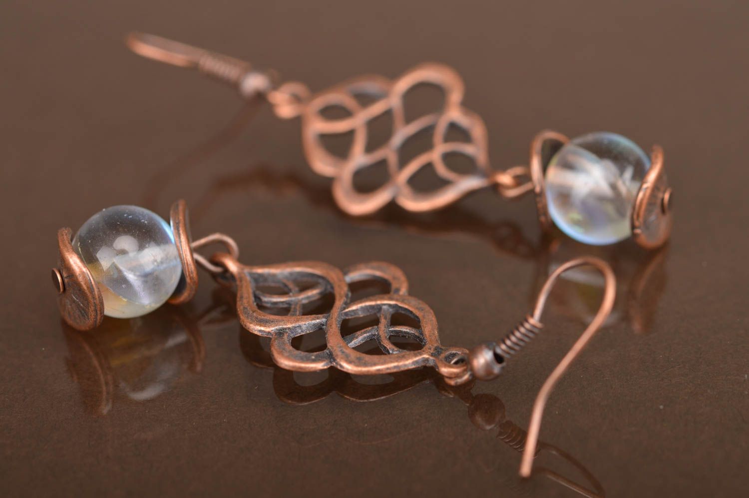 Handmade openwork stylish beautiful long earrings made of metal with beads photo 4
