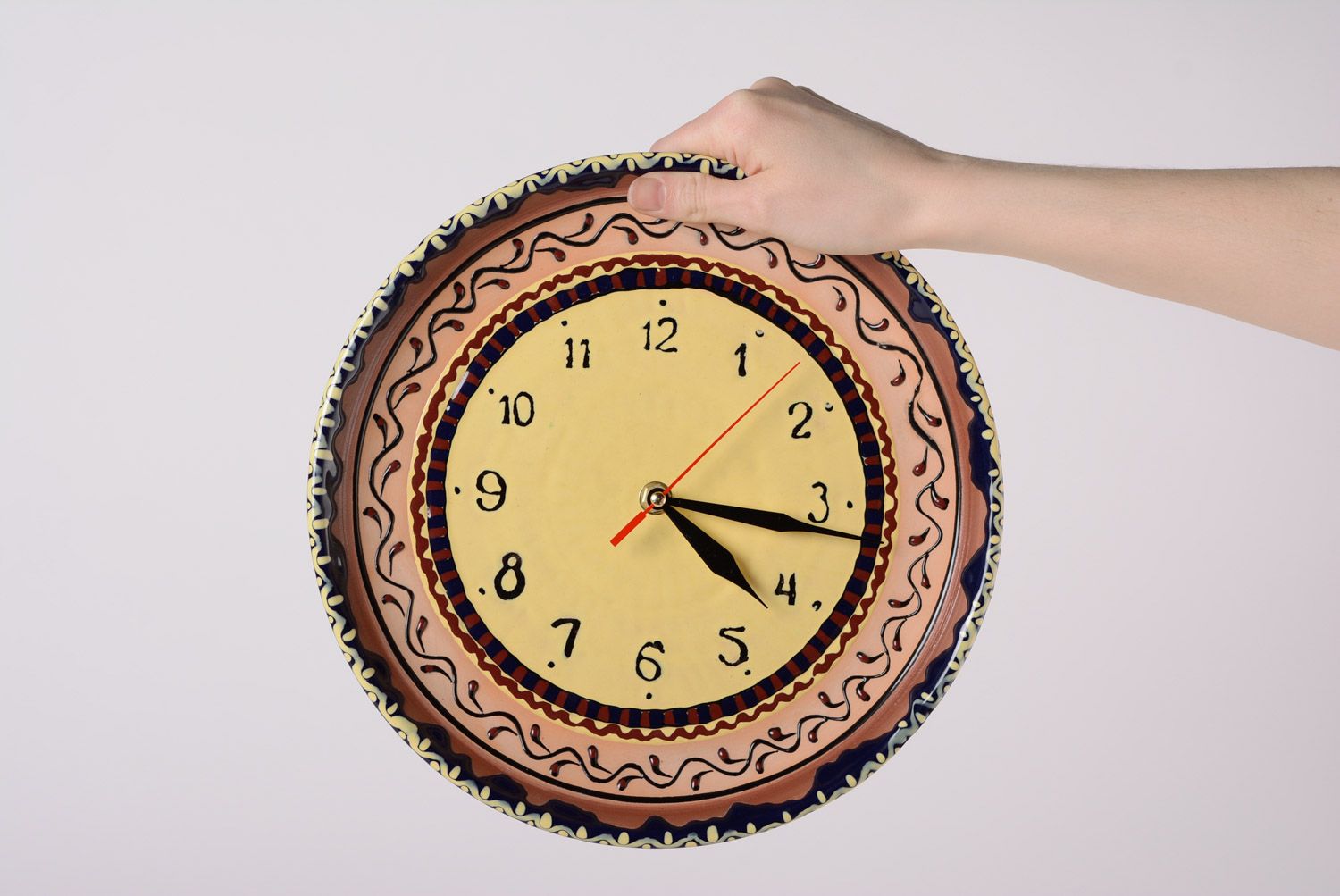 Handmade wall clock made of clay round beautiful painted majolica pottery  photo 1