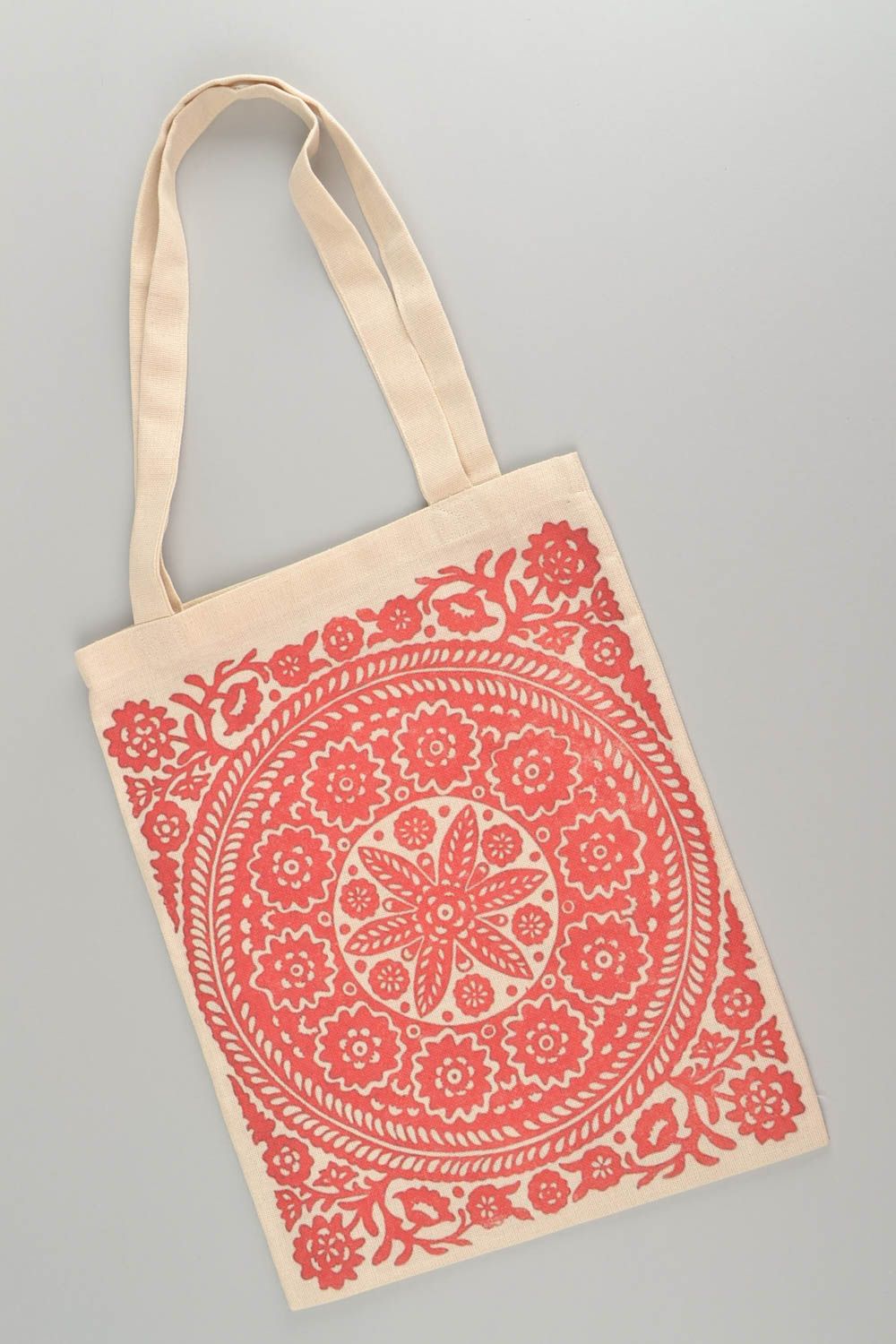 Textile handmade summer stylish eco bag with red ornament in ethnic style photo 3