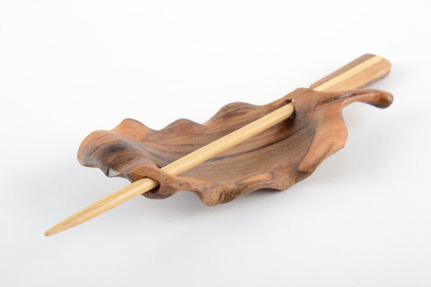Handmade carved wooden hair clip with stick in the shape of leaf in ethnic style photo 3