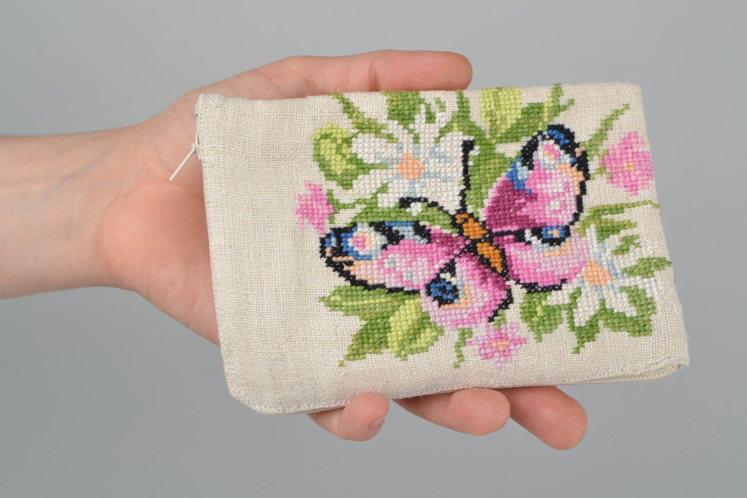 Handmade designer hemp fabric mobile phone case with embroidered flowers photo 2