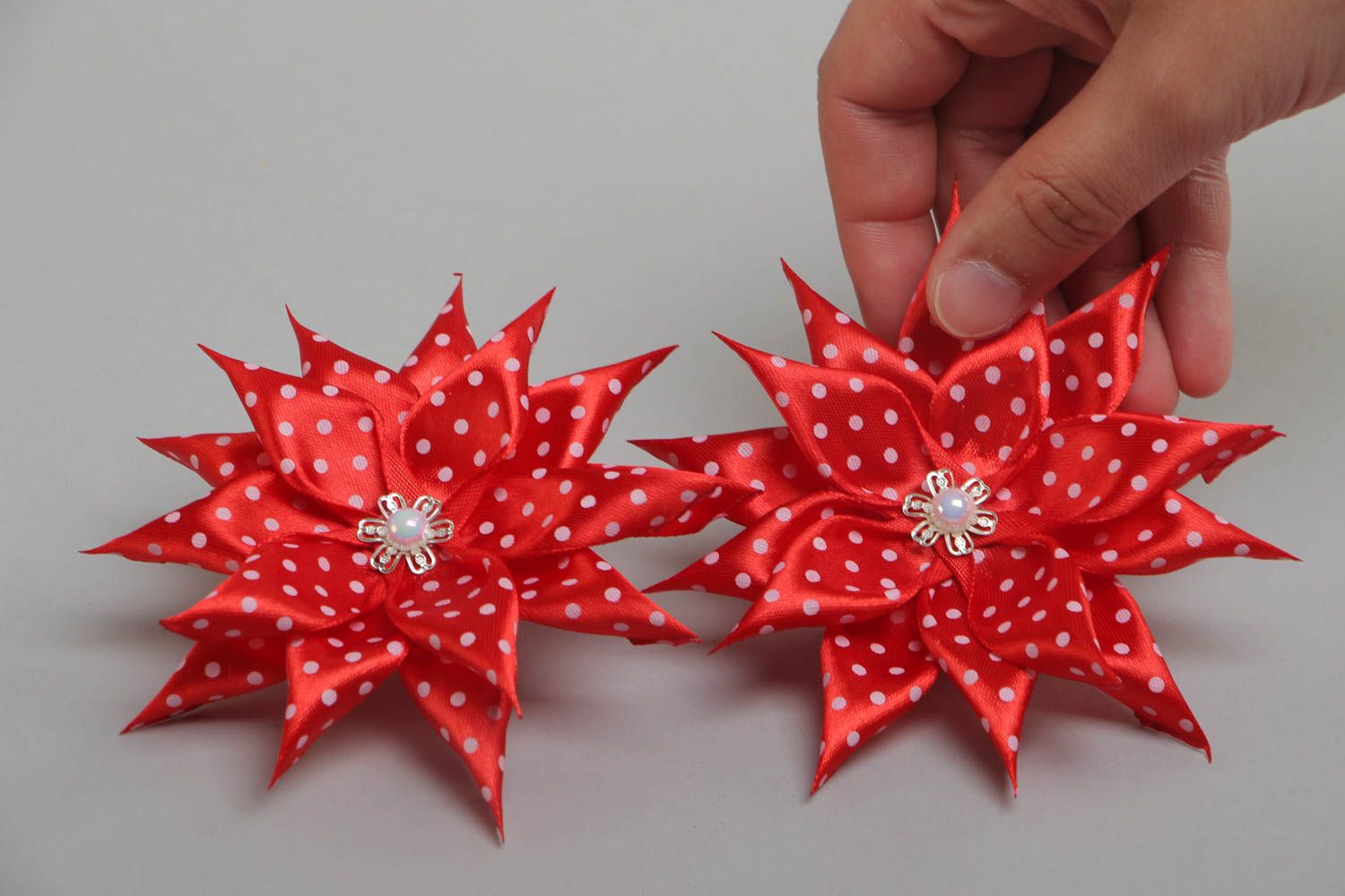 A set of 2 unique handmade hair ties made of red satin ribbon in the form of flowers photo 5