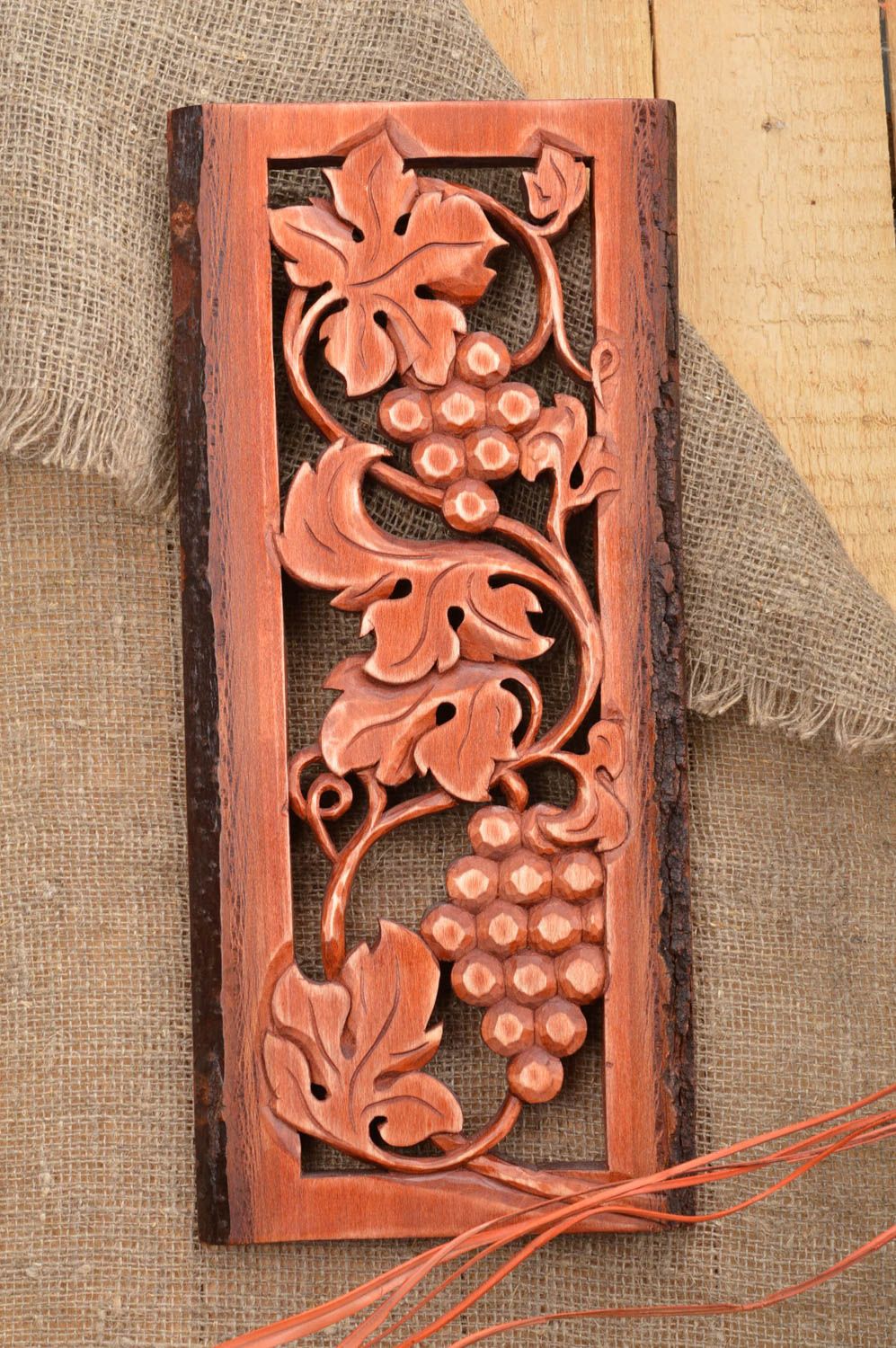 Unusual handmade carved wall panel made of wood for interior Bunches of grapes photo 1