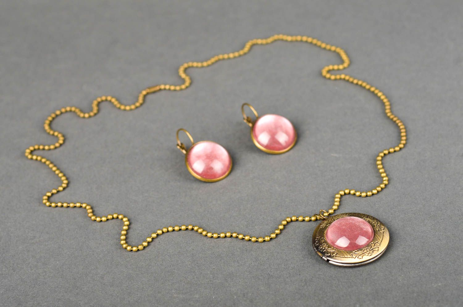 Schmuck Set handmade Mode Accessoires Halskette mit Anhänger Damen Ohrringe rosa foto 2