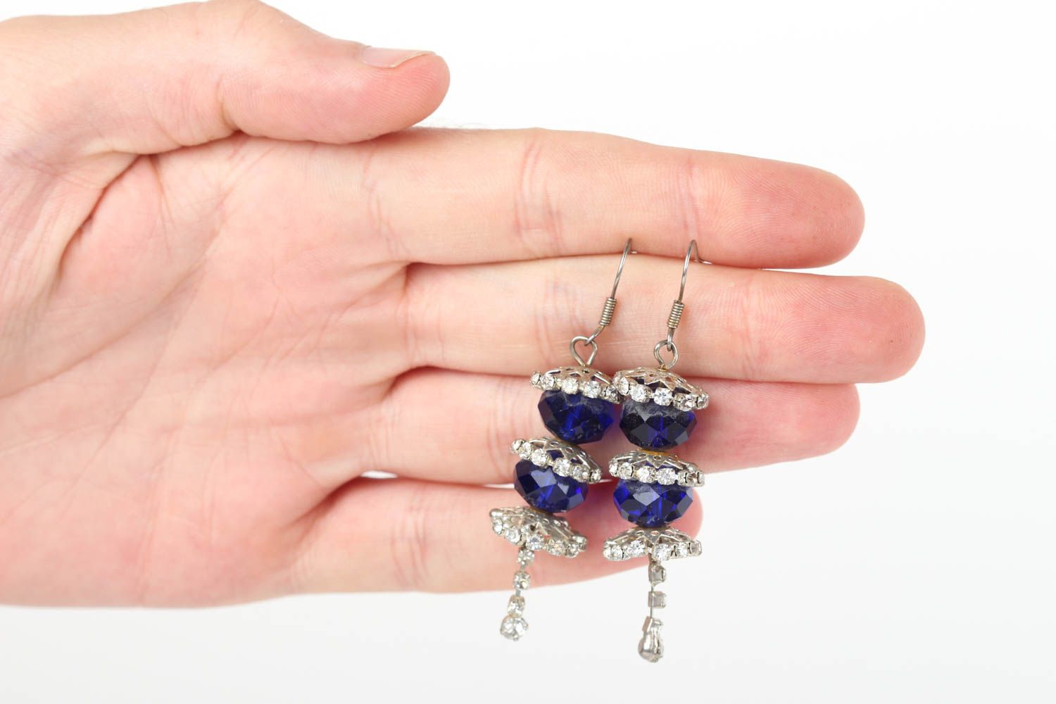 Boucles d'oreilles pendantes Bijou fait main bleues avec cristal Cadeau femme photo 5