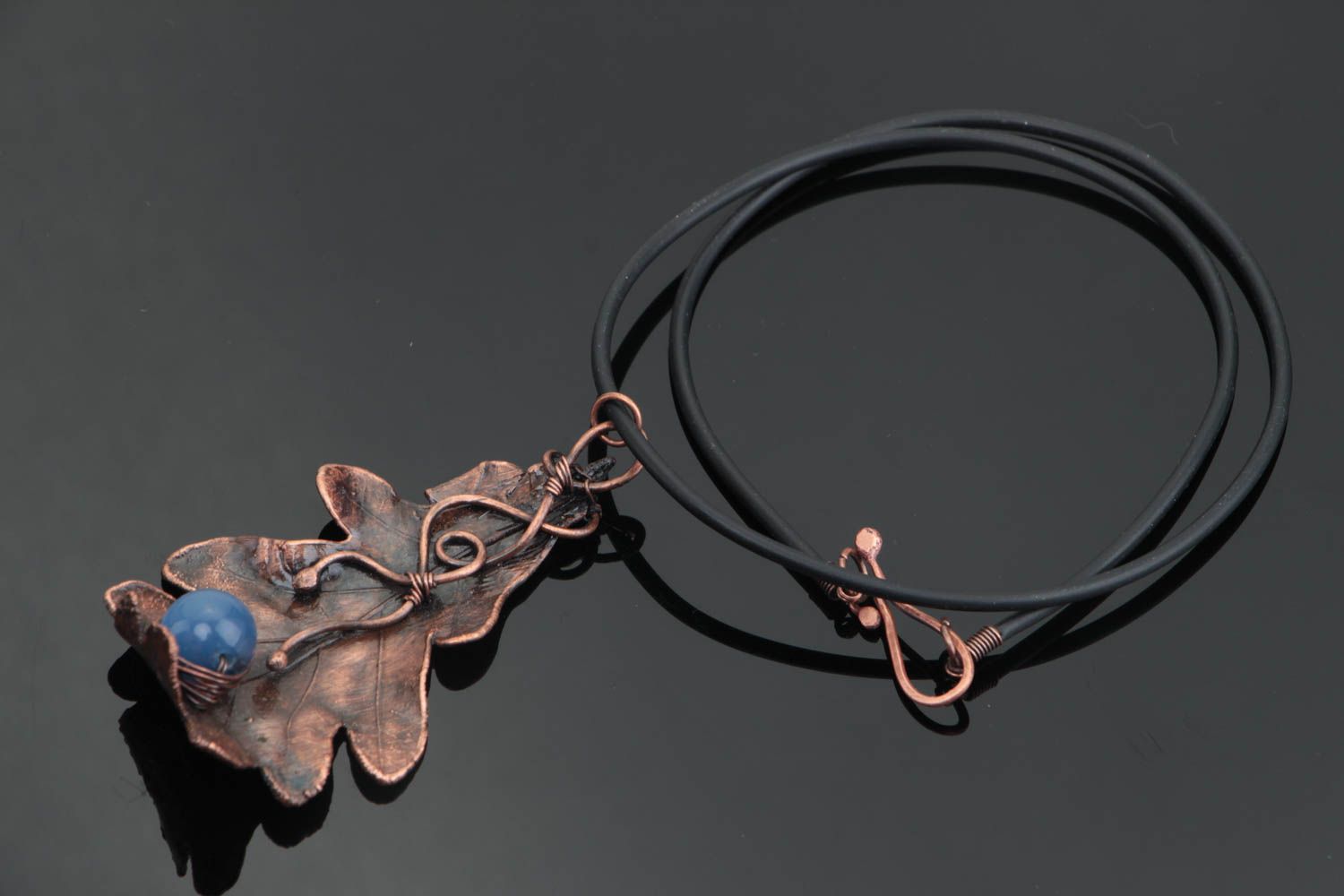 Handmade designer copper pendant necklace oak leaf with cat's eye stone on cord photo 1