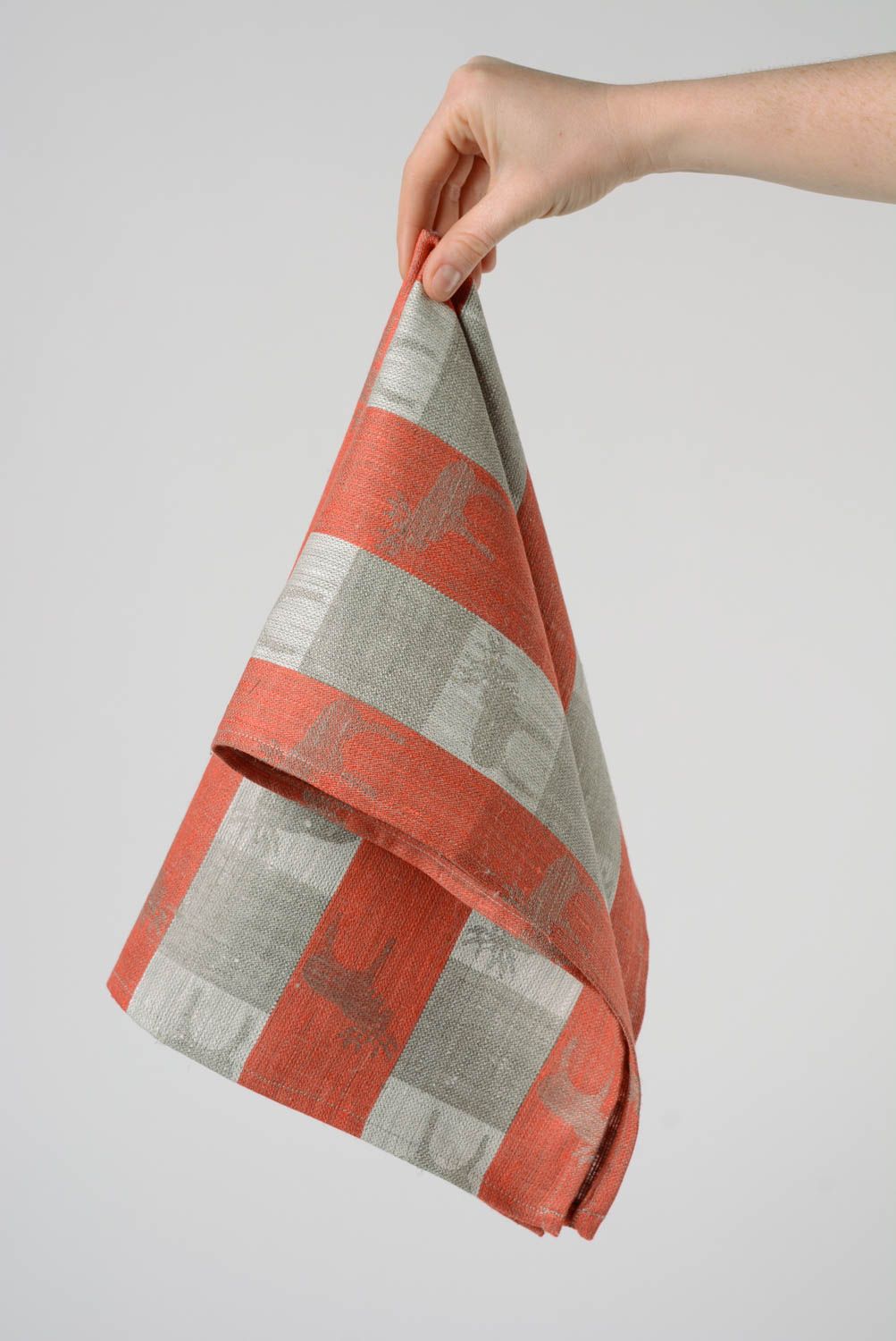 Red and gray handmade designer checkered cotton fabric kitchen towel photo 4