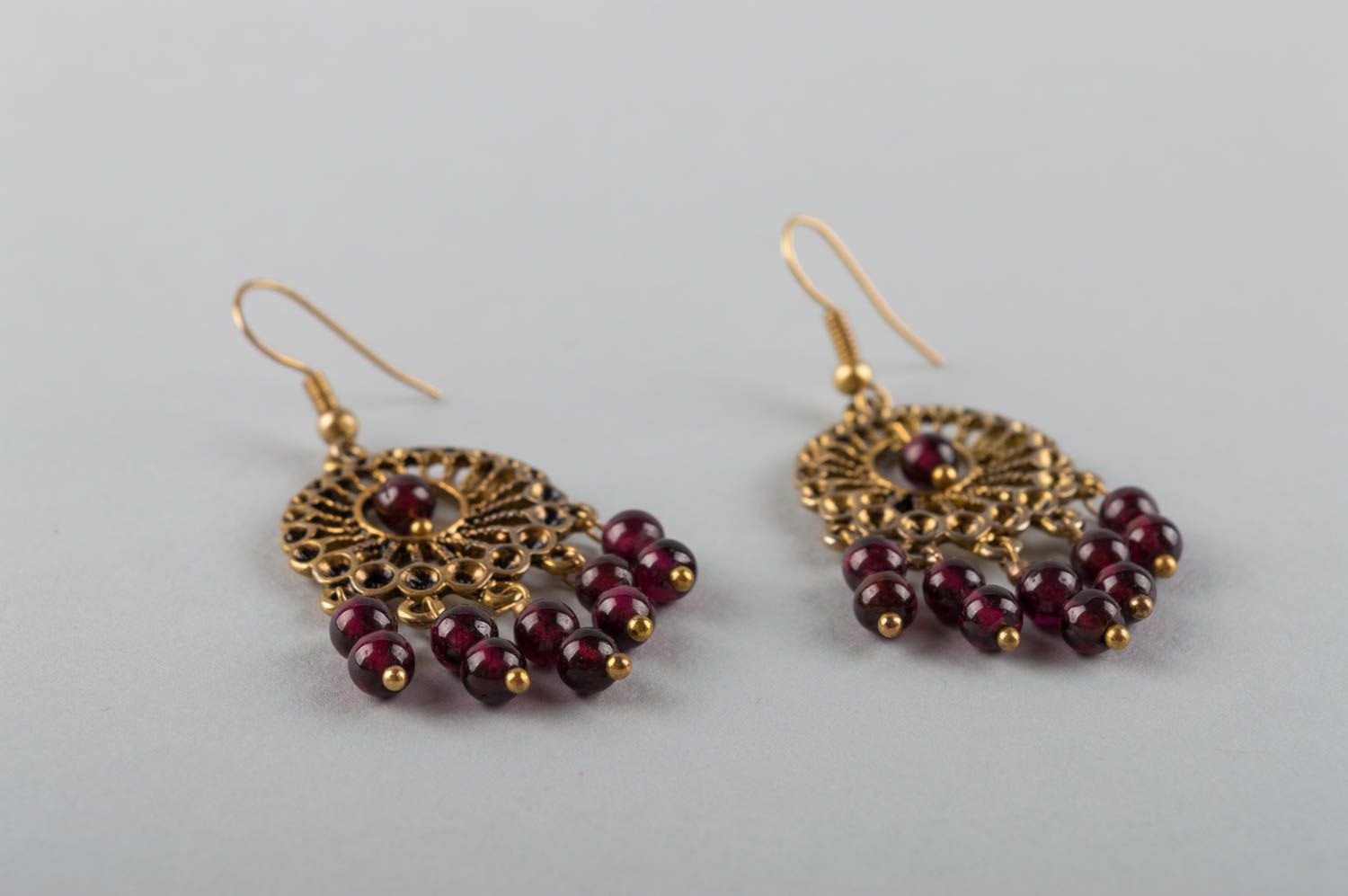 Unusual beautiful handmade metal earrings with natural garnet stone beads photo 3