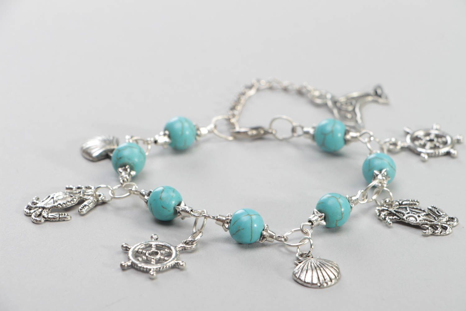 Handmade turquoise bracelet unusual accessory with metal charms cute jewelry photo 3