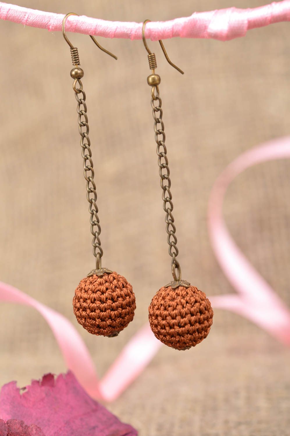 Beautiful handmade designer stylish earrings with brown crochet over beads photo 1