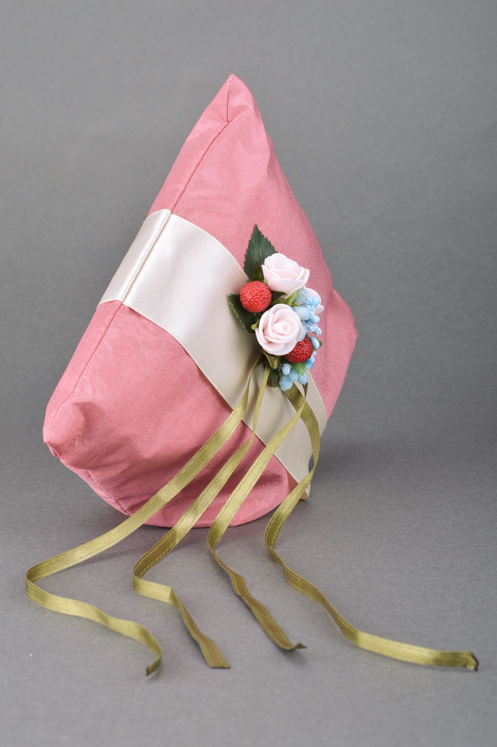 Handmade wedding rings pillow sewn of pink satin fabric with flowers and ribbons photo 5