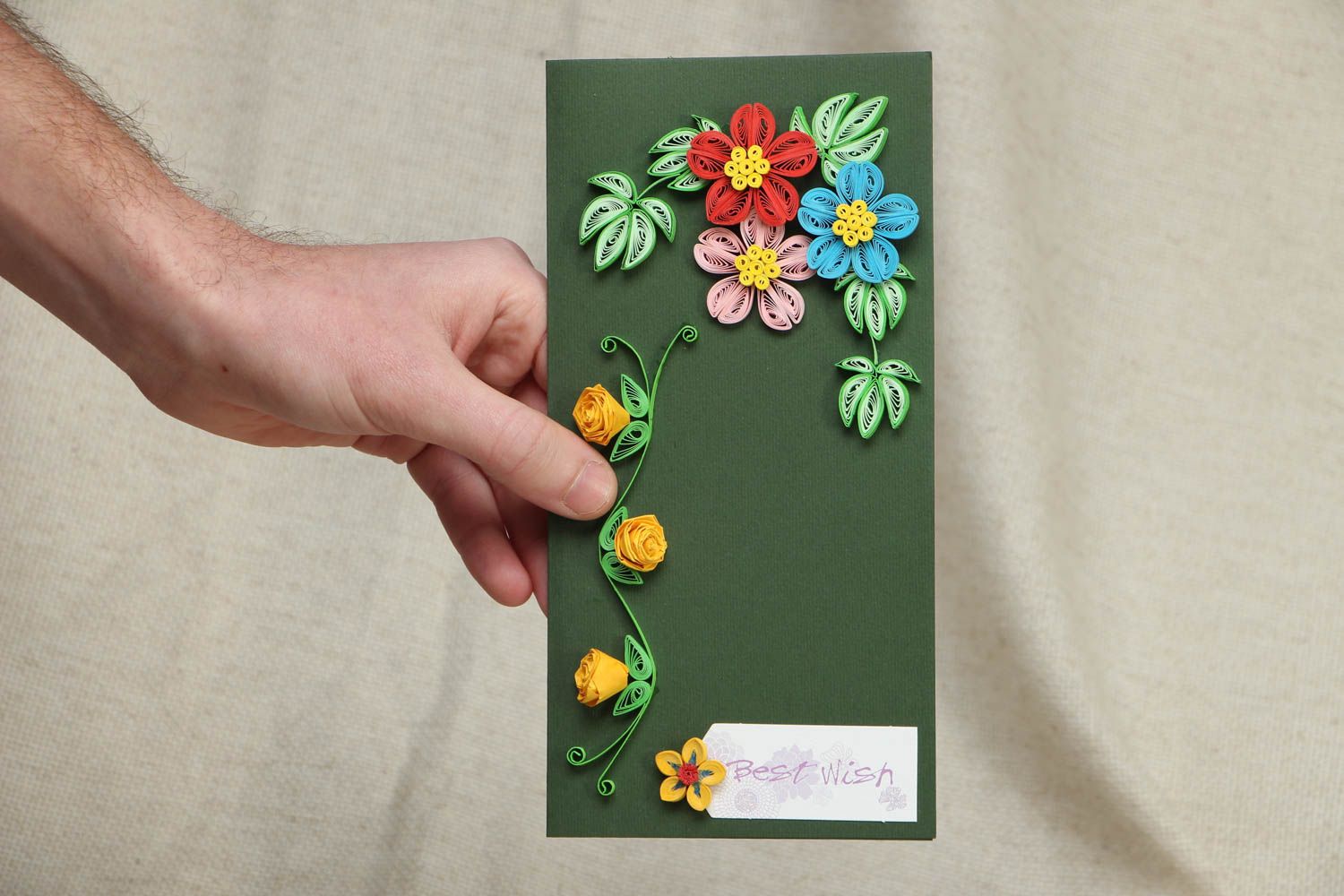 Поздравительная открытка с объемными цветами квиллинг фото 4