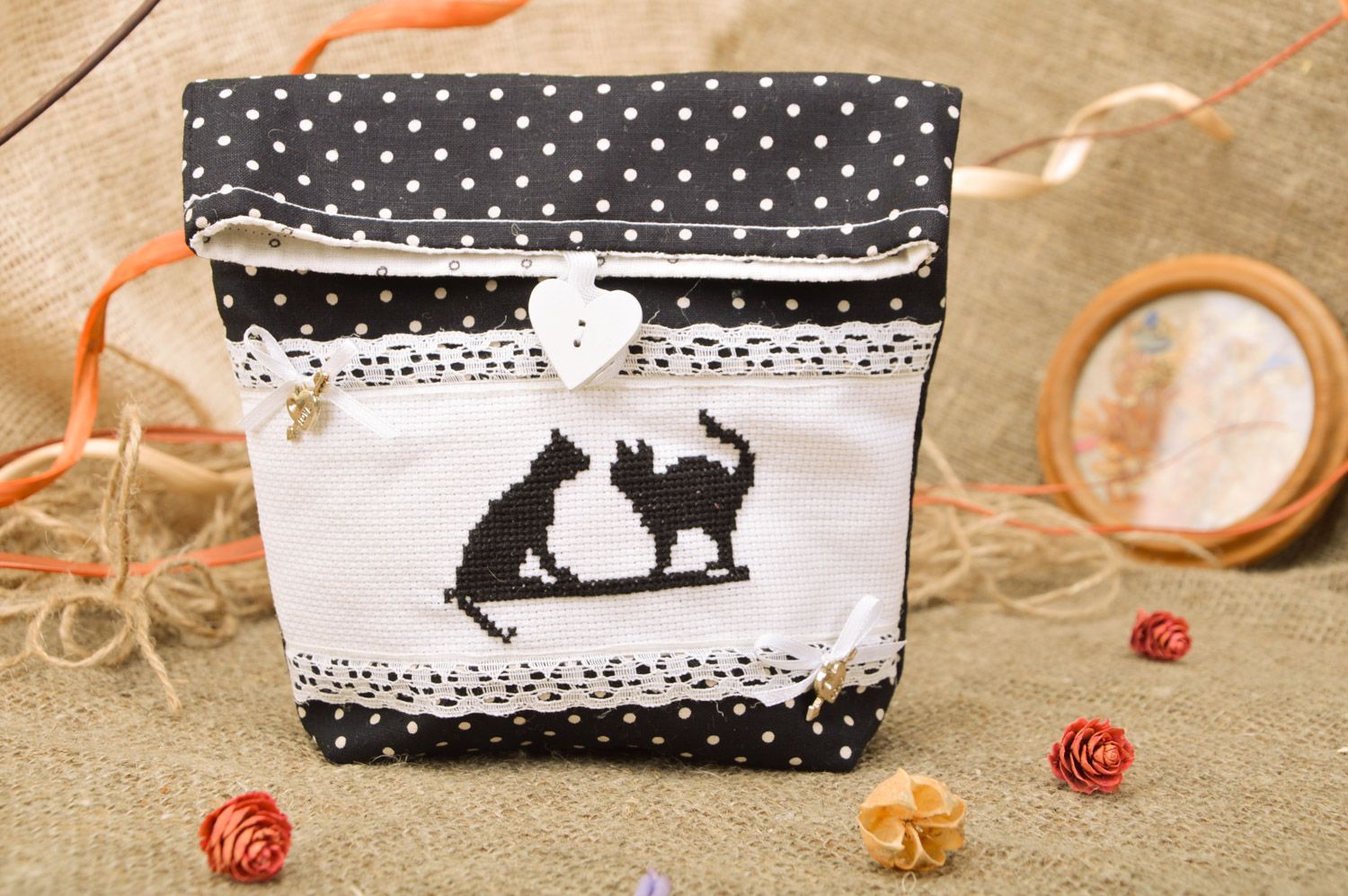 Handmade cosmetics bag sewn of polka dot cotton with cross stitch embroidery  photo 1