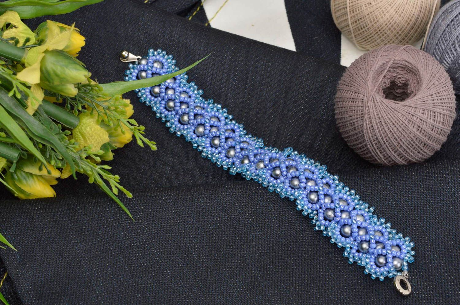 Handgefertigtes Rocailles Armband Designer Schmuck Damen Modeschmuck in Blau  foto 1