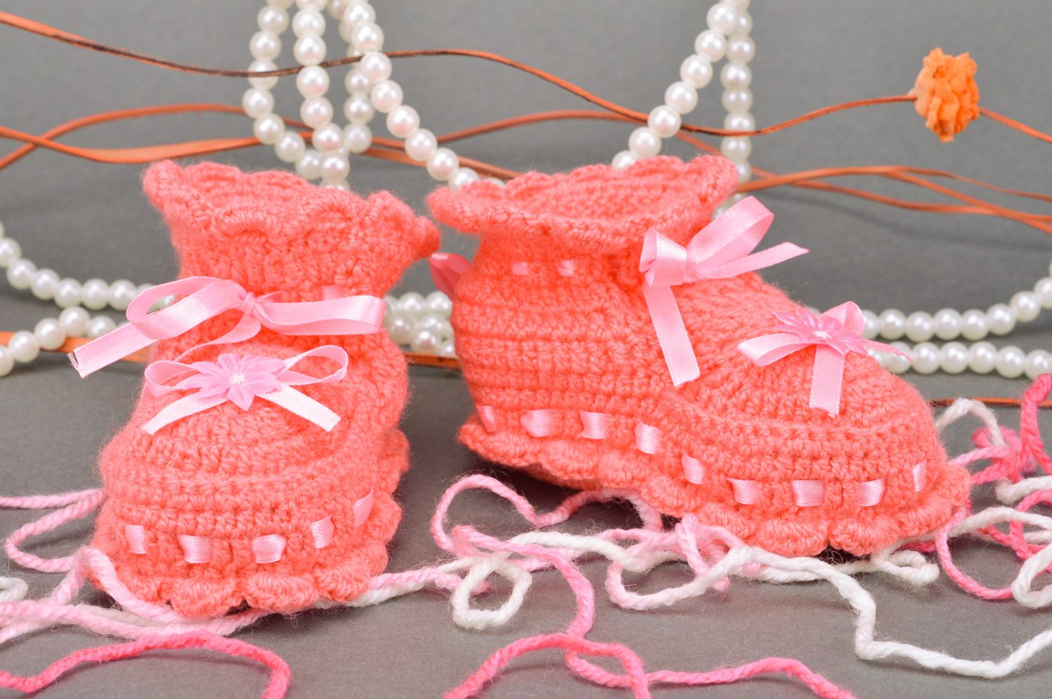 Summer small handmade baby booties for a girl with pink satin ribbons photo 1