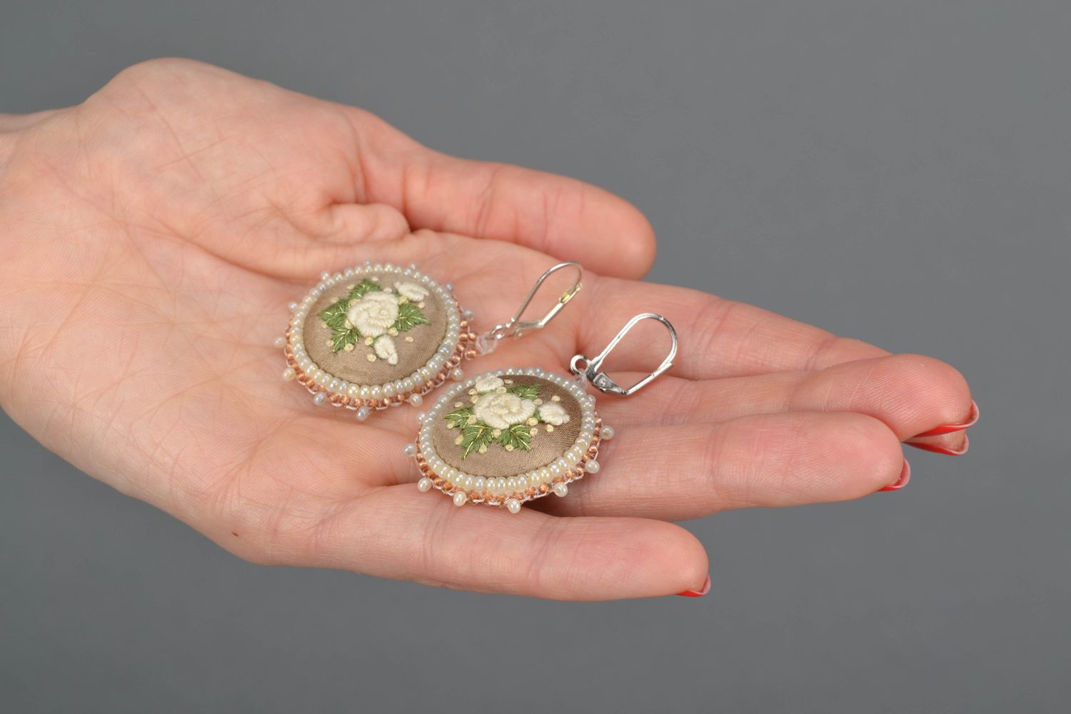 Embroidered earrings with Czech beads photo 2
