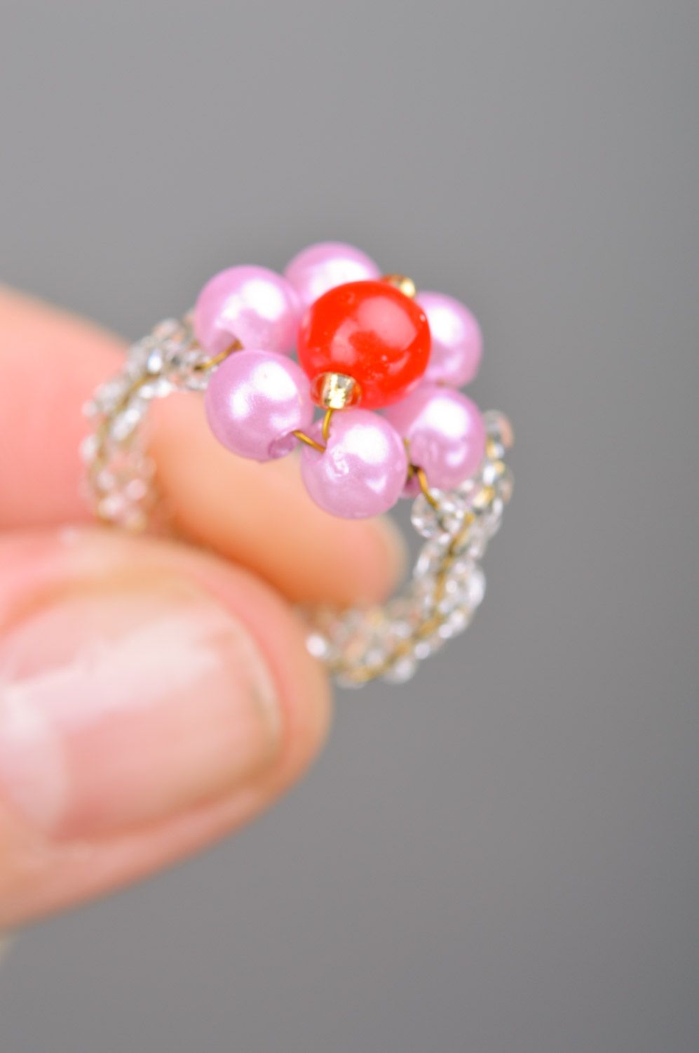 Pink and red small children's handmade beaded ring photo 3