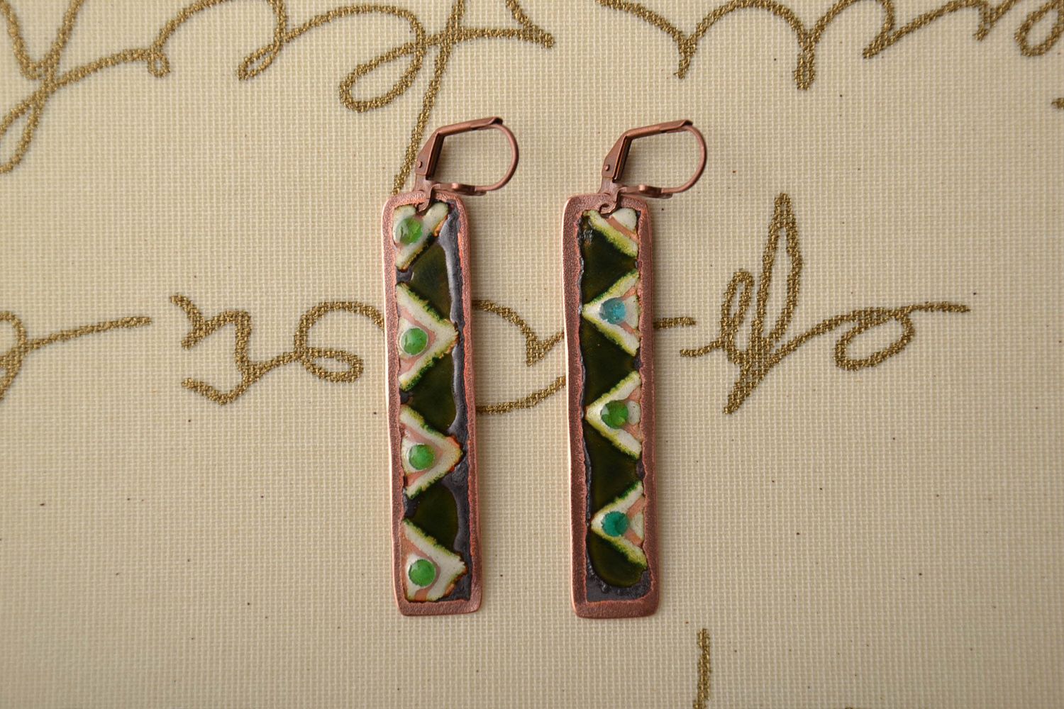 Long rectangular copper earrings with ornament made with enamels photo 1