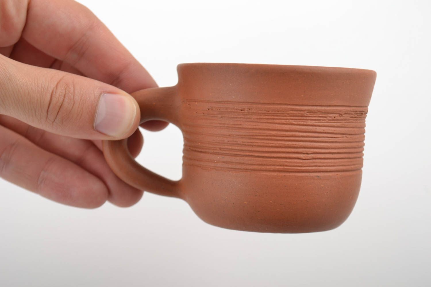 5 oz terracotta clay Mexican style coffee cup with handle and no pattern photo 2