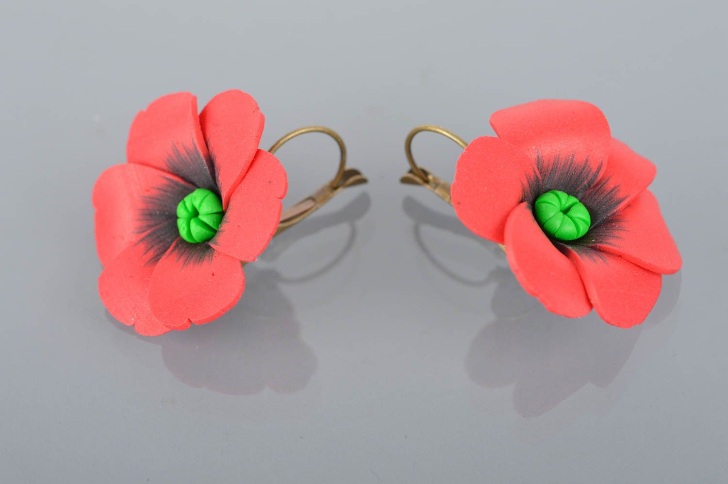 Beautiful handmade earrings made of polymer clay with charms Red poppies photo 2