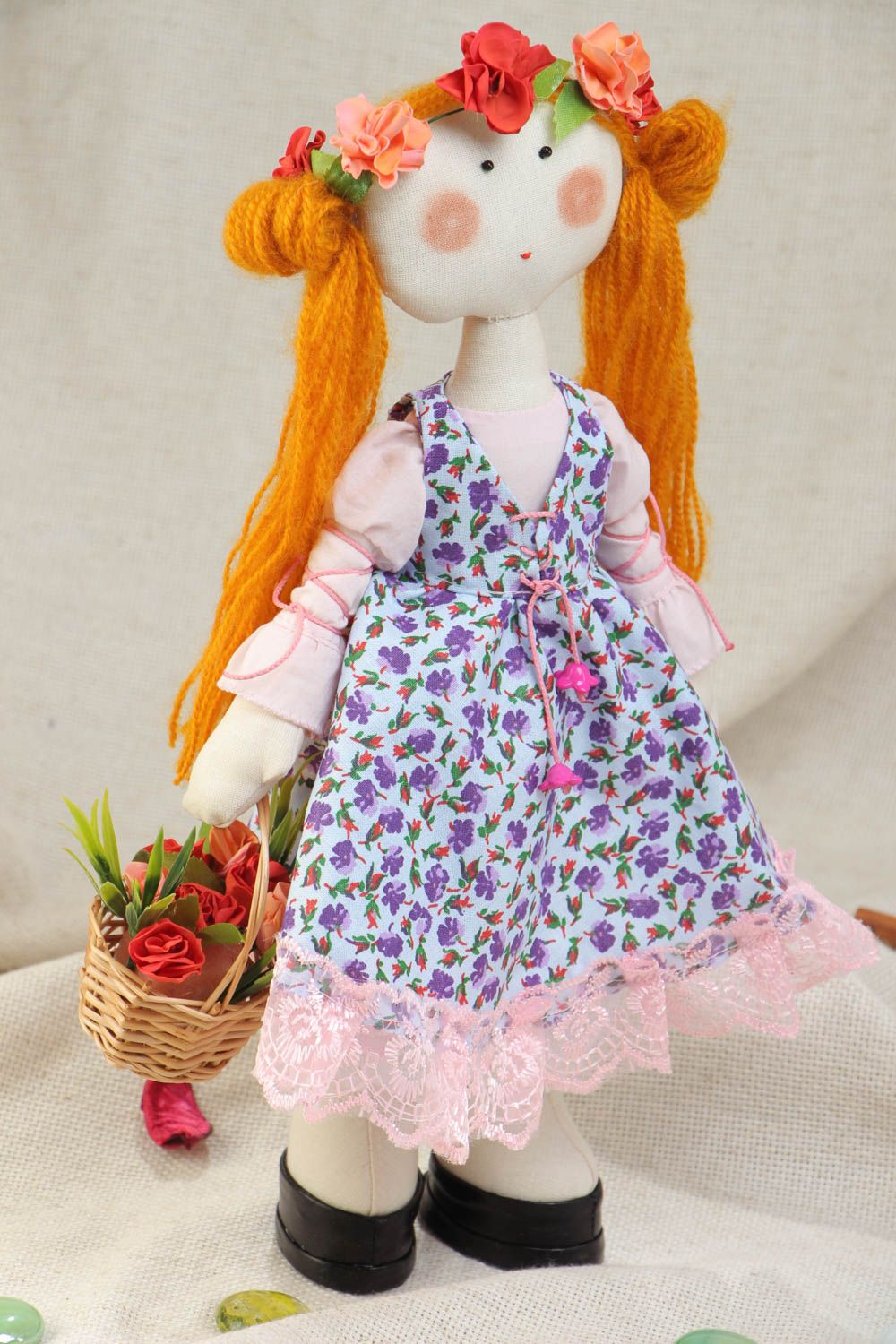 Handmade soft doll sewn of cotton fabric girl in violet dress with ginger hair photo 1