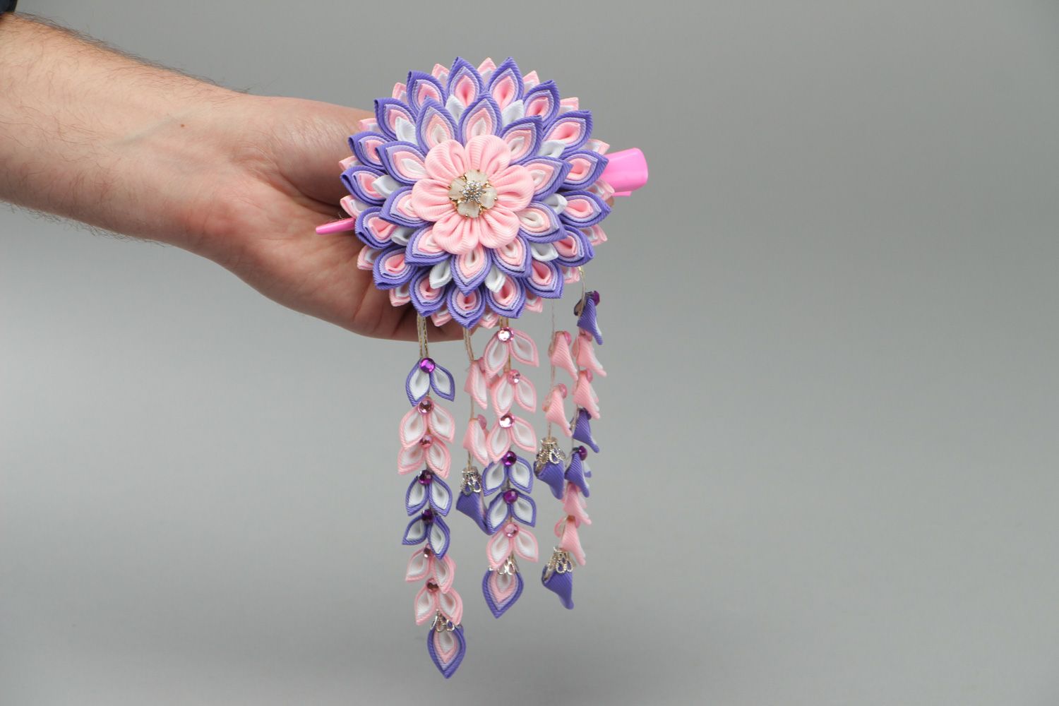 Handmade hair clip with kanzashi flower with charms in violet color palette photo 4