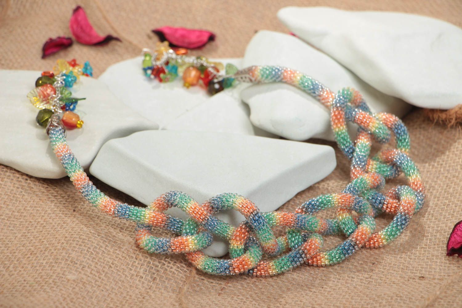 Handmade designer bead woven cord necklace with tender rainbow coloring   photo 1