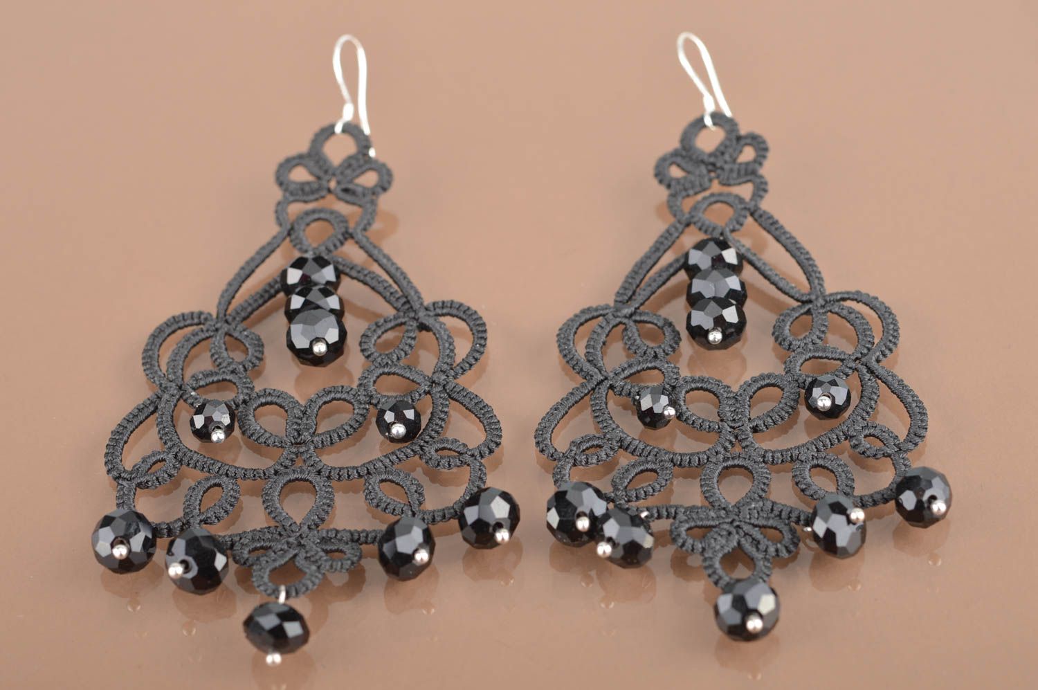 Handmade festive evening lace drop tatted black earrings with faceted crystals photo 2