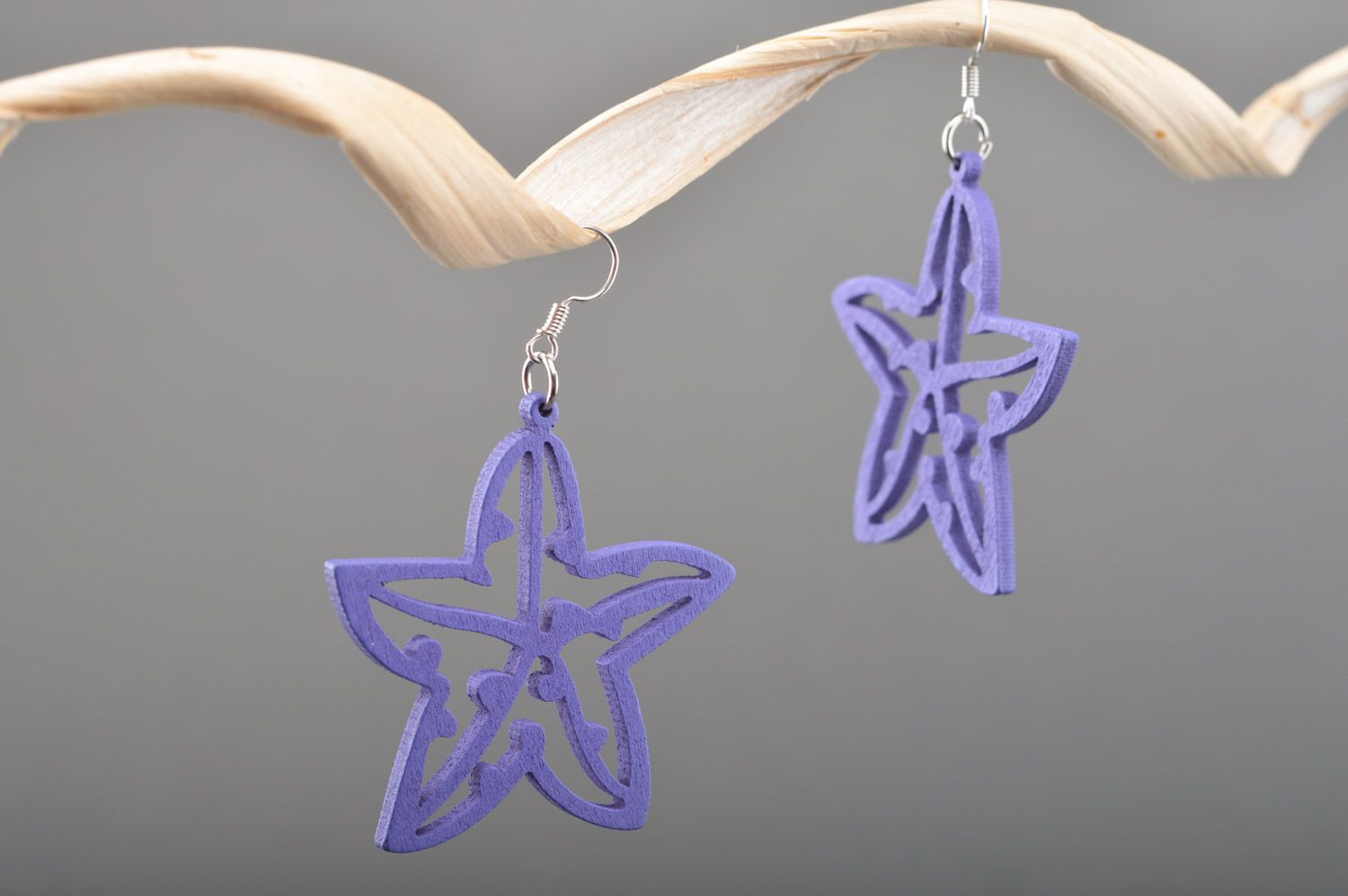 Handmade wooden dangle earrings in the shape of bright blue fancy flowers photo 1