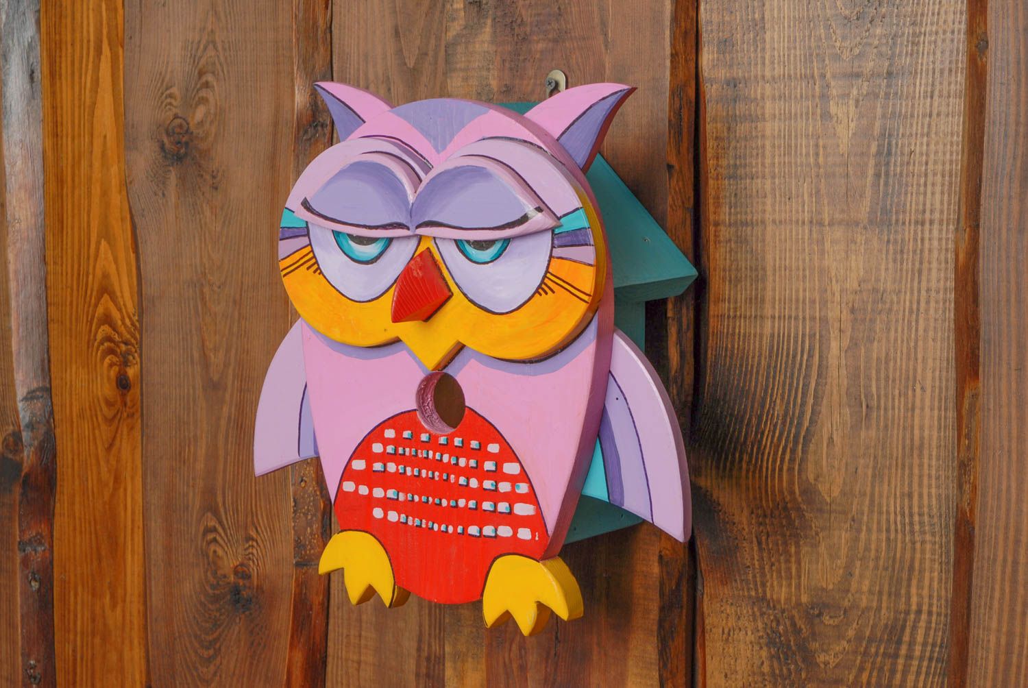 Painted soft wood birdhouse in the shape of owl photo 1