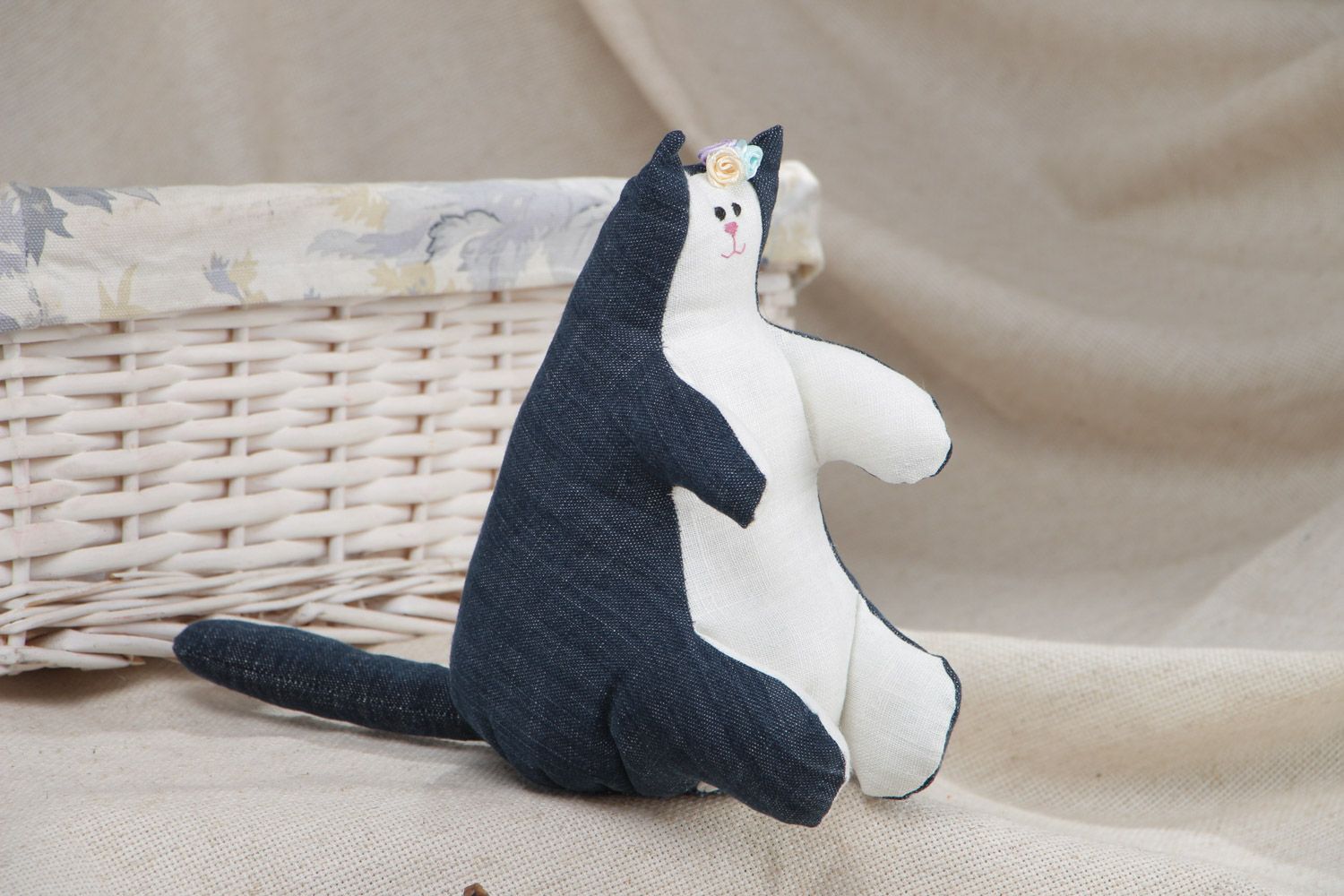 Handmade denim fabric soft toy kitty of blue and white colors and average size photo 1