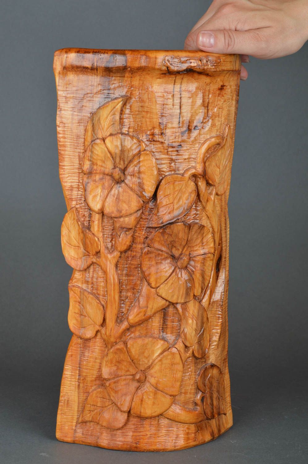 Objet sculpté en bois brun verni joli fait main insolite décoratif Fleurs photo 3
