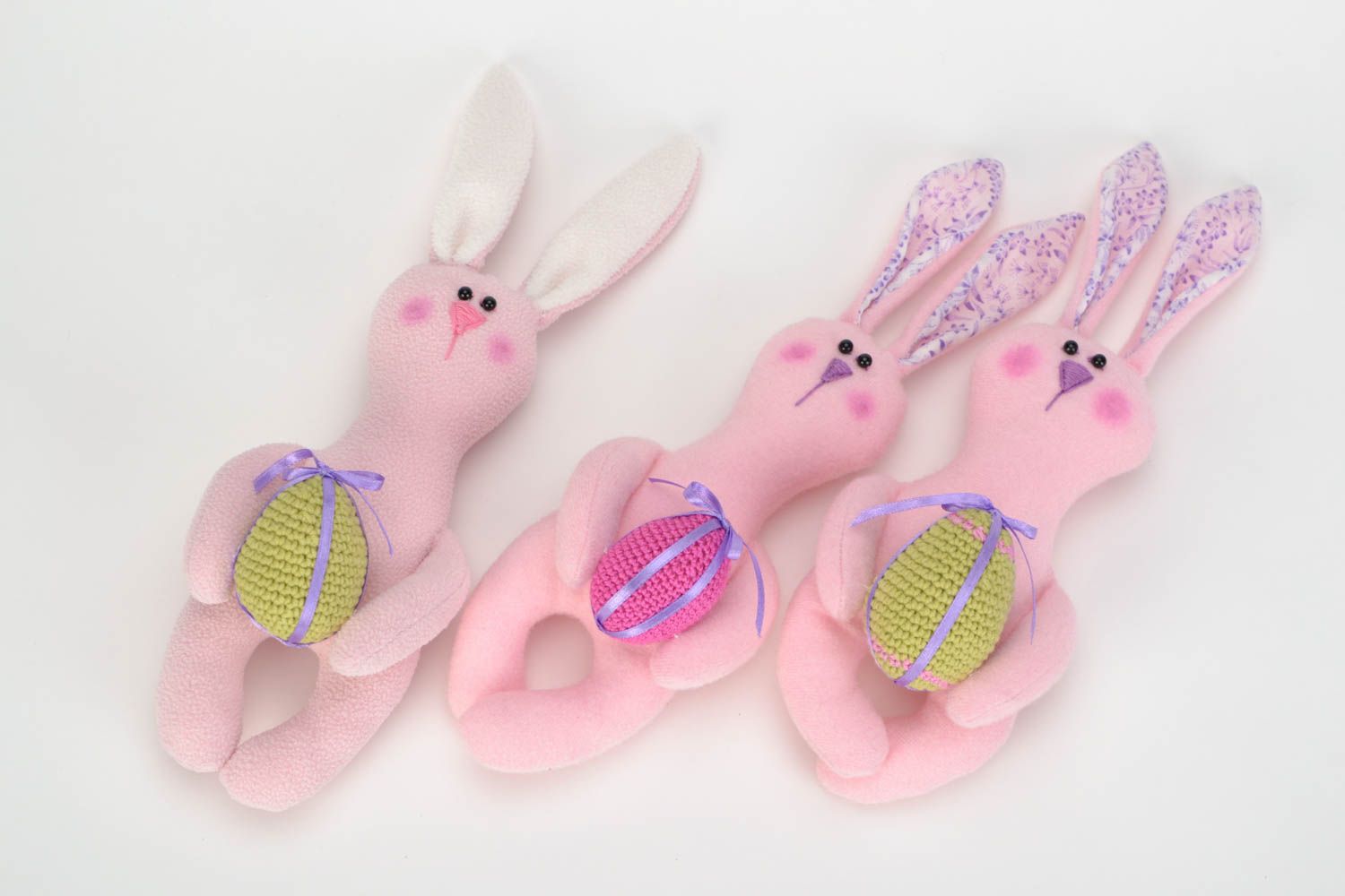 Set of handmade fabric toys Bunnies 3 pieces beautiful pink fleece toys with eggs photo 3