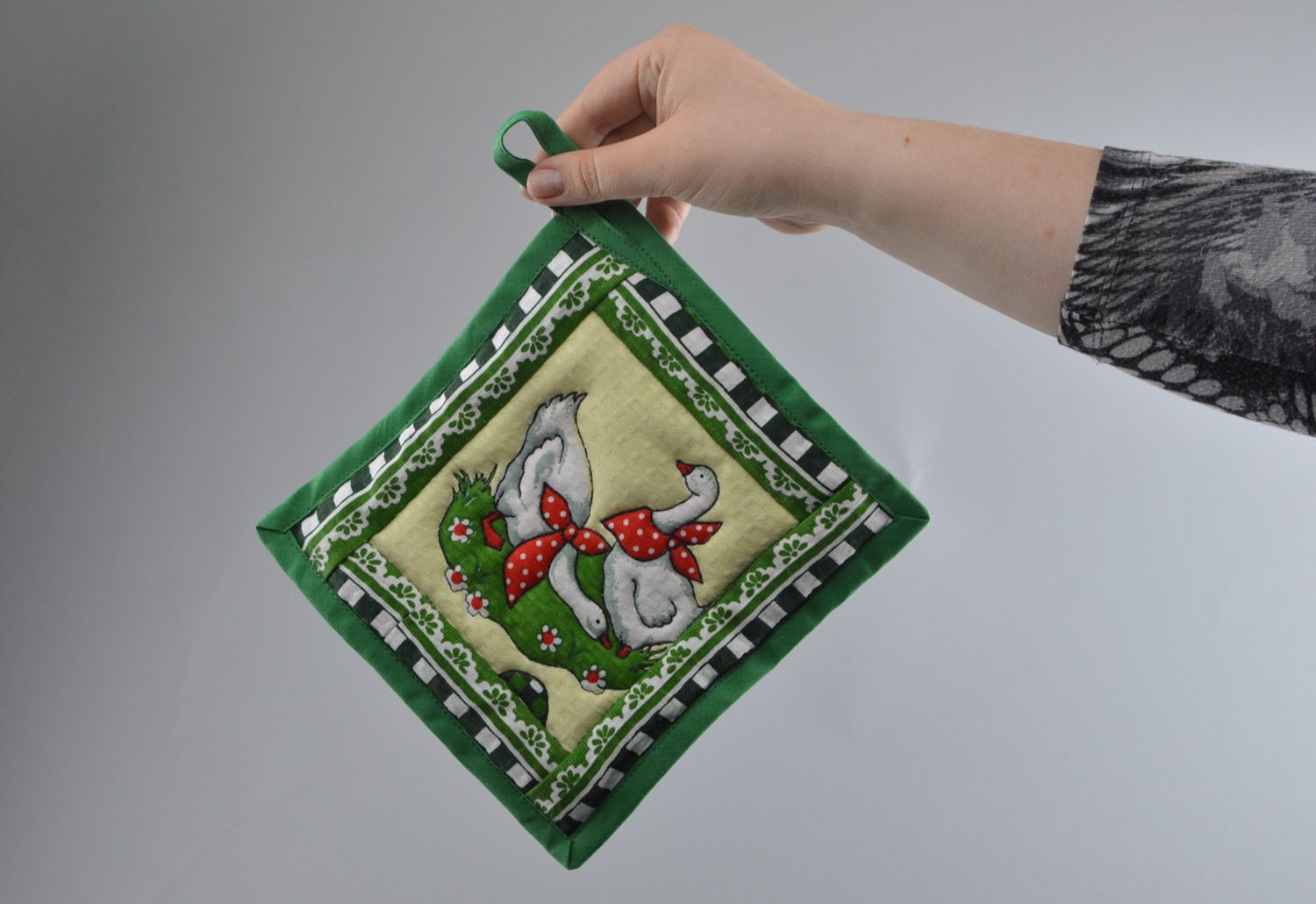 Handmade square pot holder sewn of cotton with geese image in green color palette photo 2