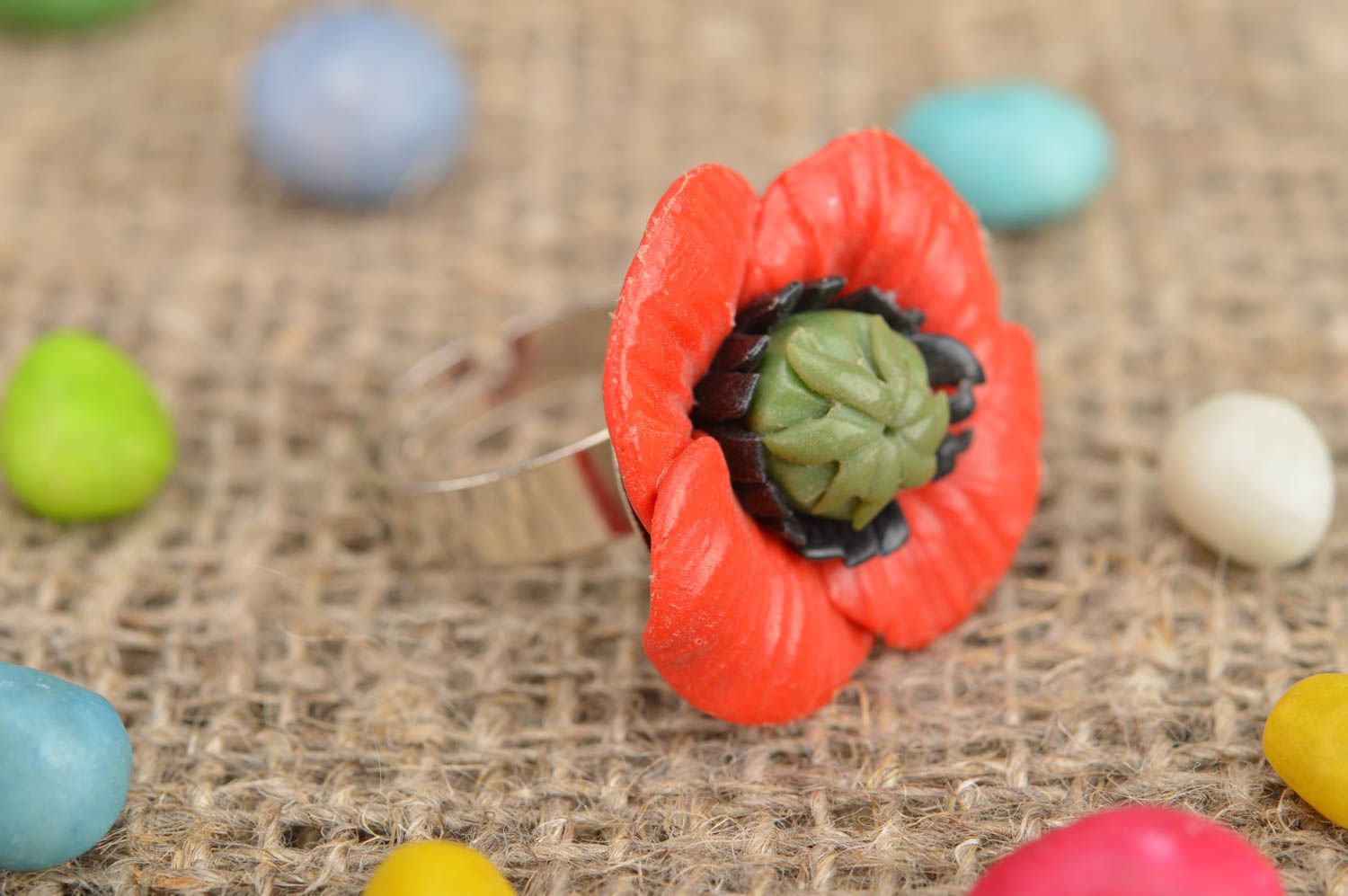Handmade extravagant metal-based ring made of polymer clay in form of red poppy photo 1