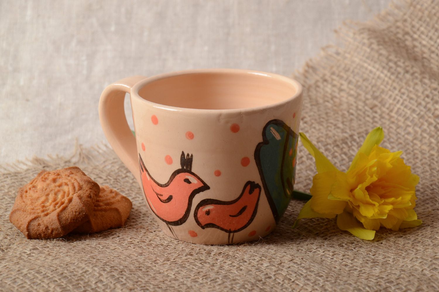 Tasse à thé céramique beige originale Oiseaux peinte faite main cadeau  photo 1