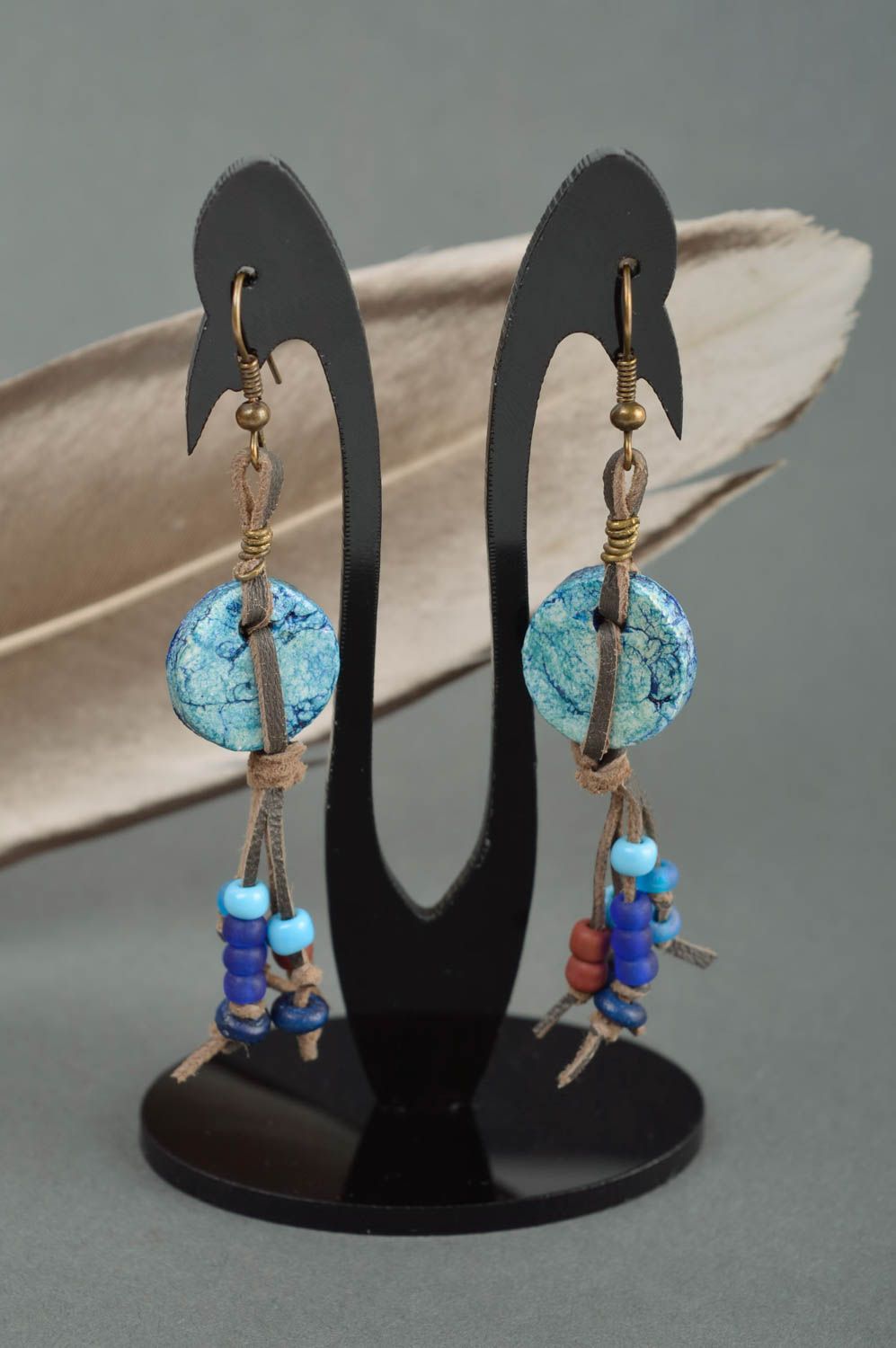 Long handmade earrings dangle leather earrings molded plastic earrings gift idea photo 1