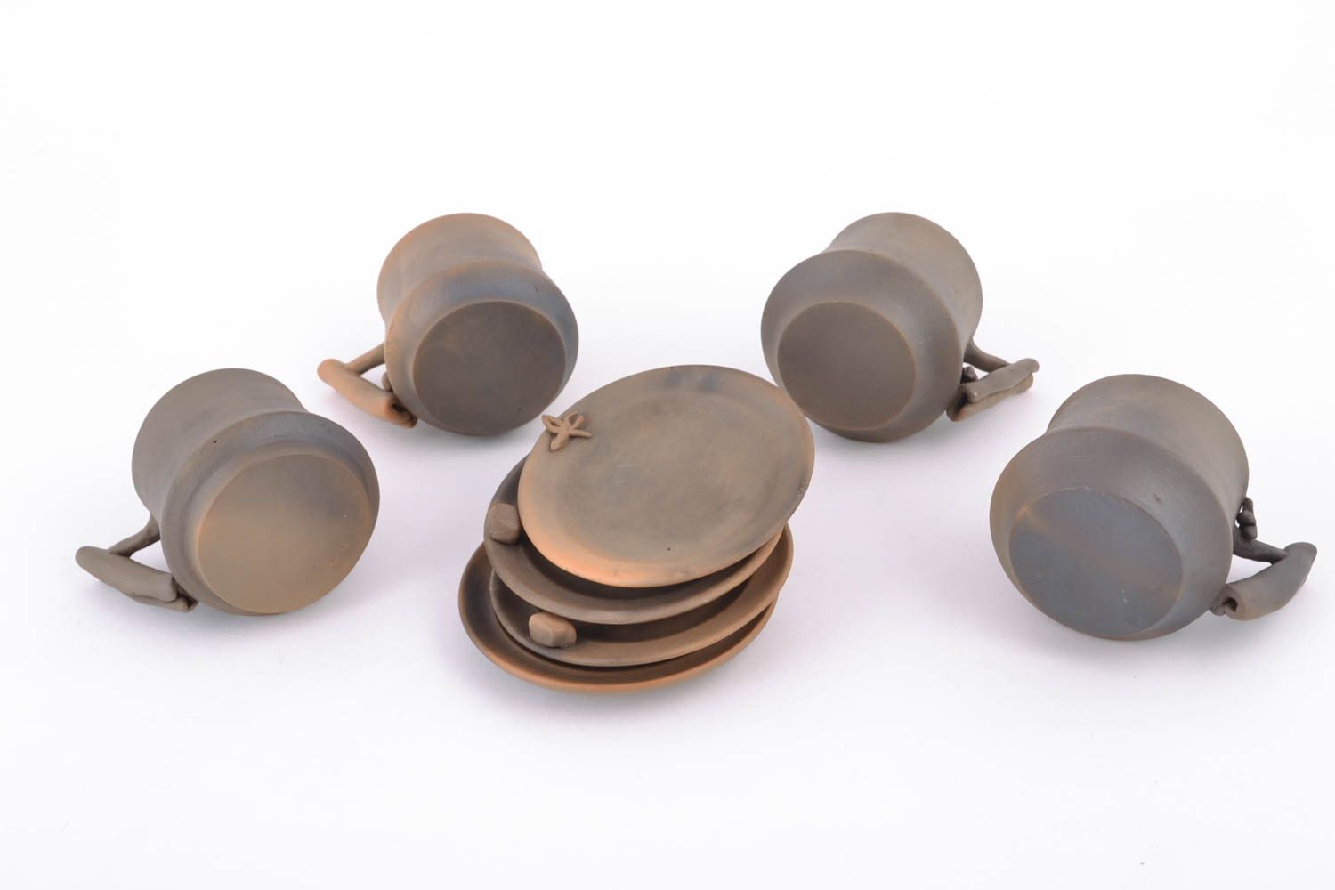 Set of clay brown art no pattern coffee 3 oz cups with handles and saucers photo 5