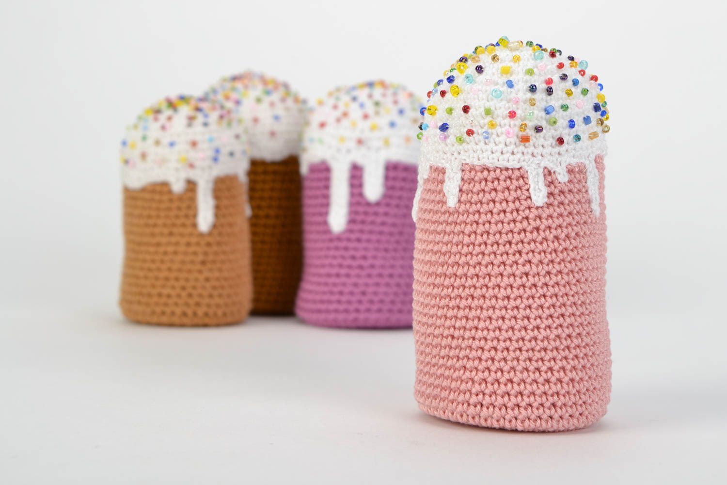 Set of handmade crochet soft Easter cakes 4 pieces for festive home decor photo 3