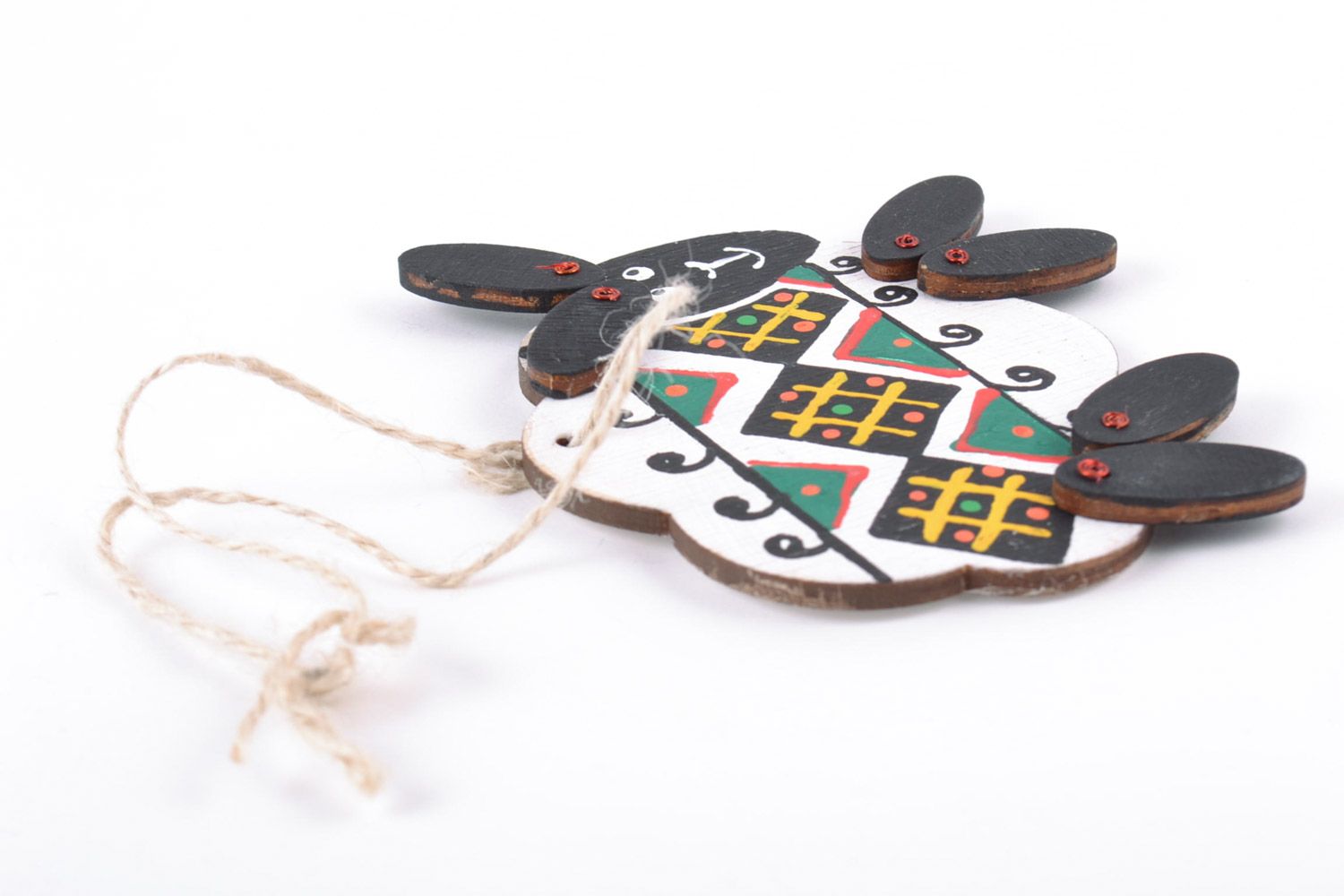 Handmade decorative wooden wall hanging toy Lamb painted with ethnic ornaments photo 2