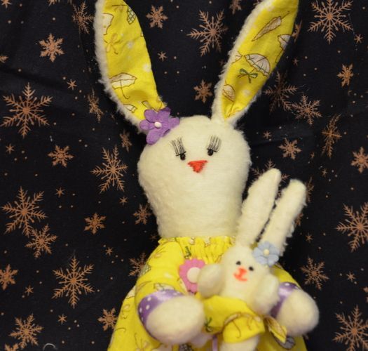 Homemade designer fabric soft toy hare with baby photo 5