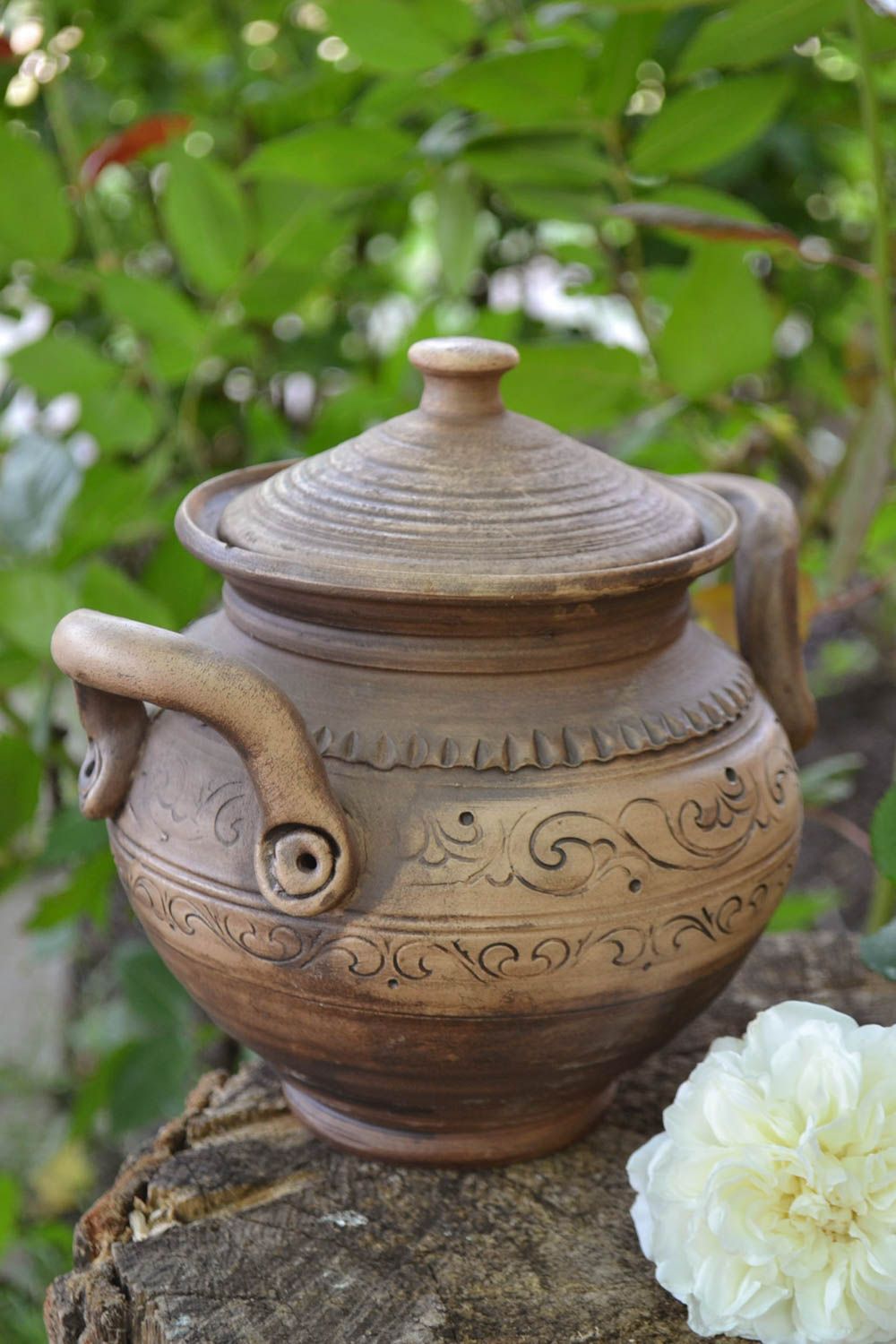 Large ceramic pot with two handles and lid handmade for baking in oven photo 1