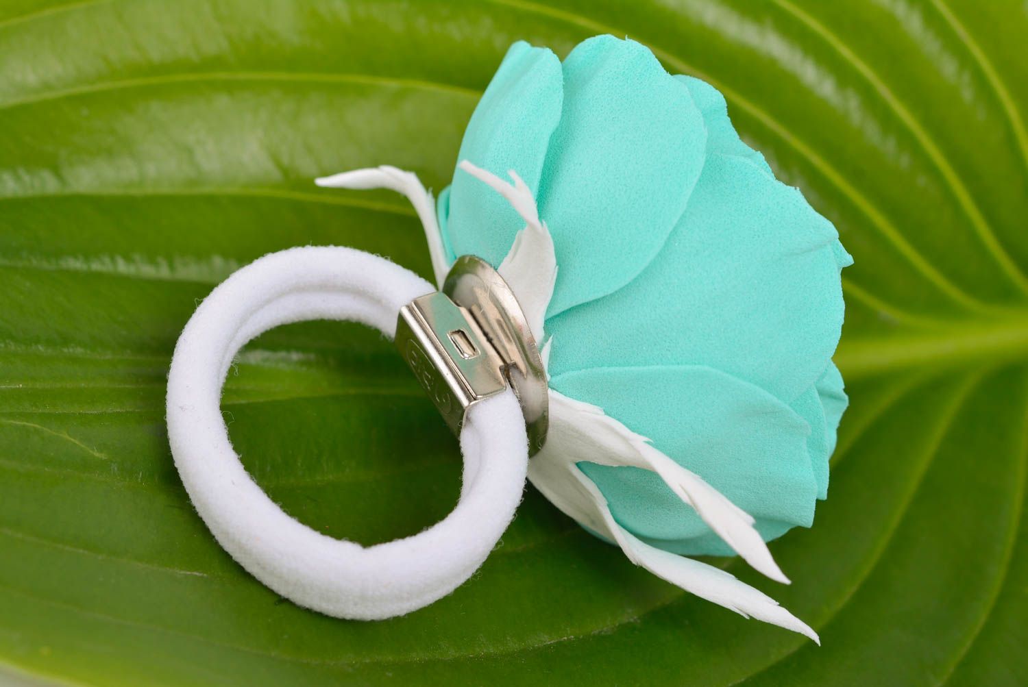 Handmade decorative hair band with large volume foamiran flower of mint color photo 4
