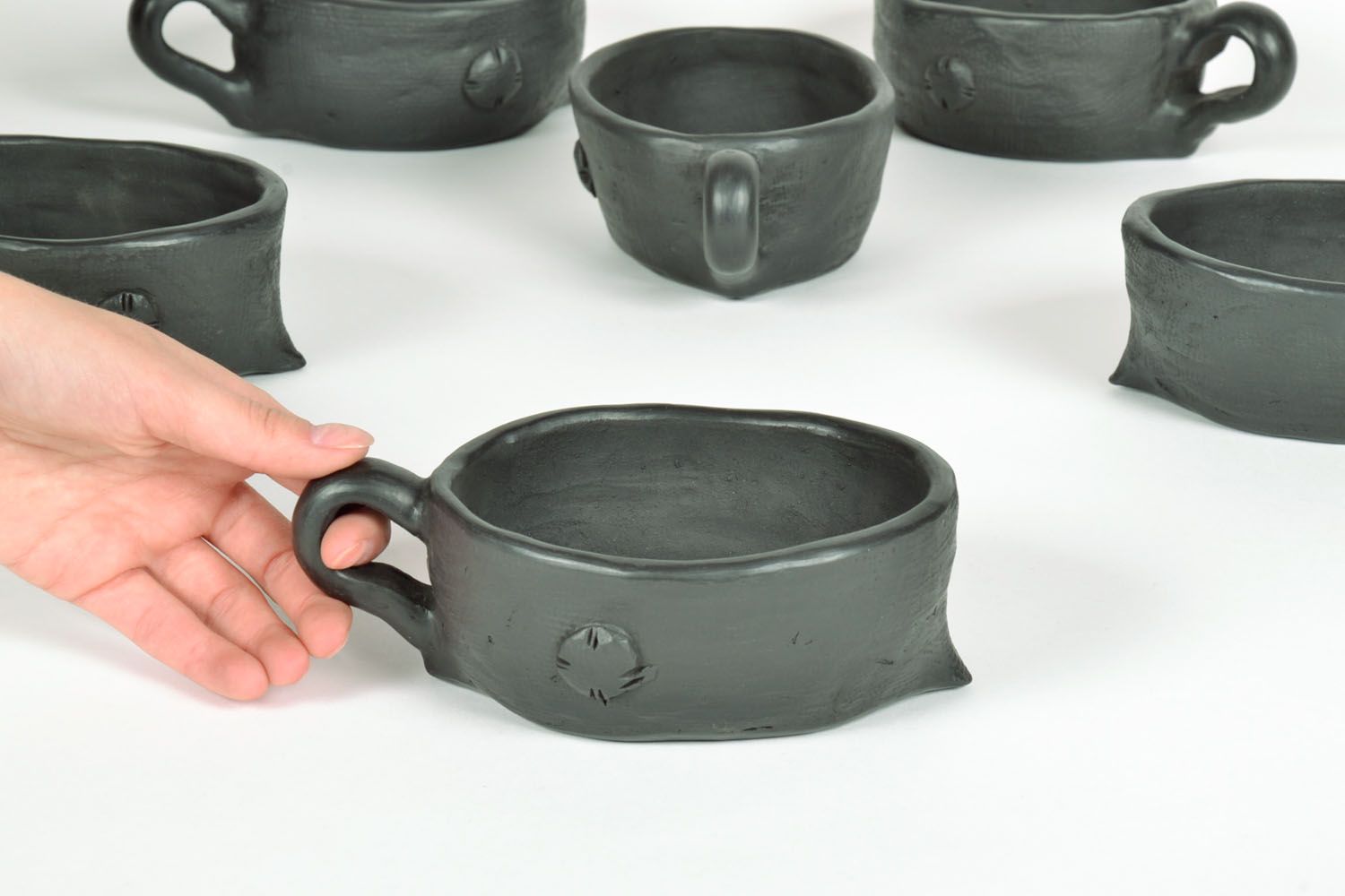 Set of 6 six black smoked clay cups in the shape of mice with a handle photo 5
