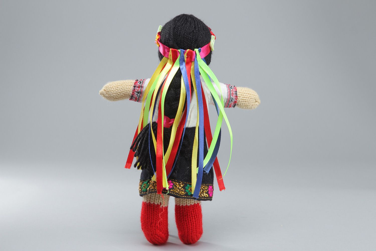 Handmade soft doll knitted of acrylic threads Ukrainian girl in national costume photo 3
