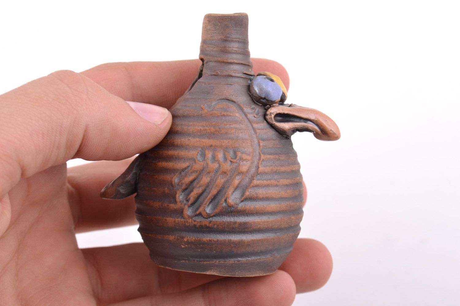 Homemade red clay souvenir statuette of stylized crow painted with glaze photo 2
