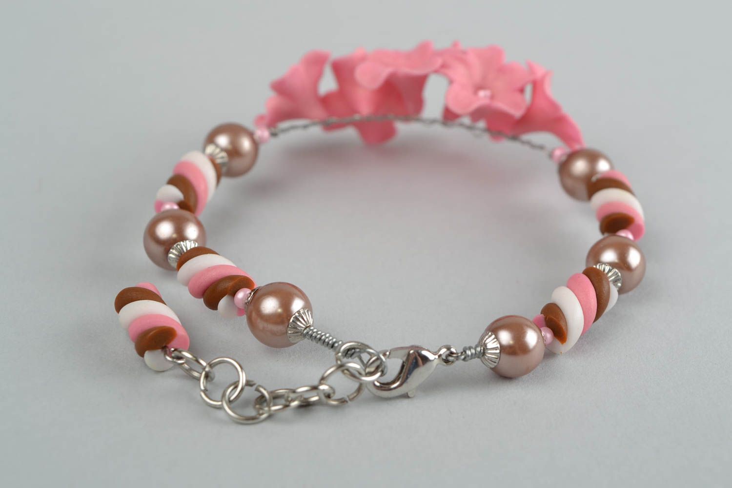 Women's handmade designer polymer clay flower bracelet with pink lilac flowers photo 6