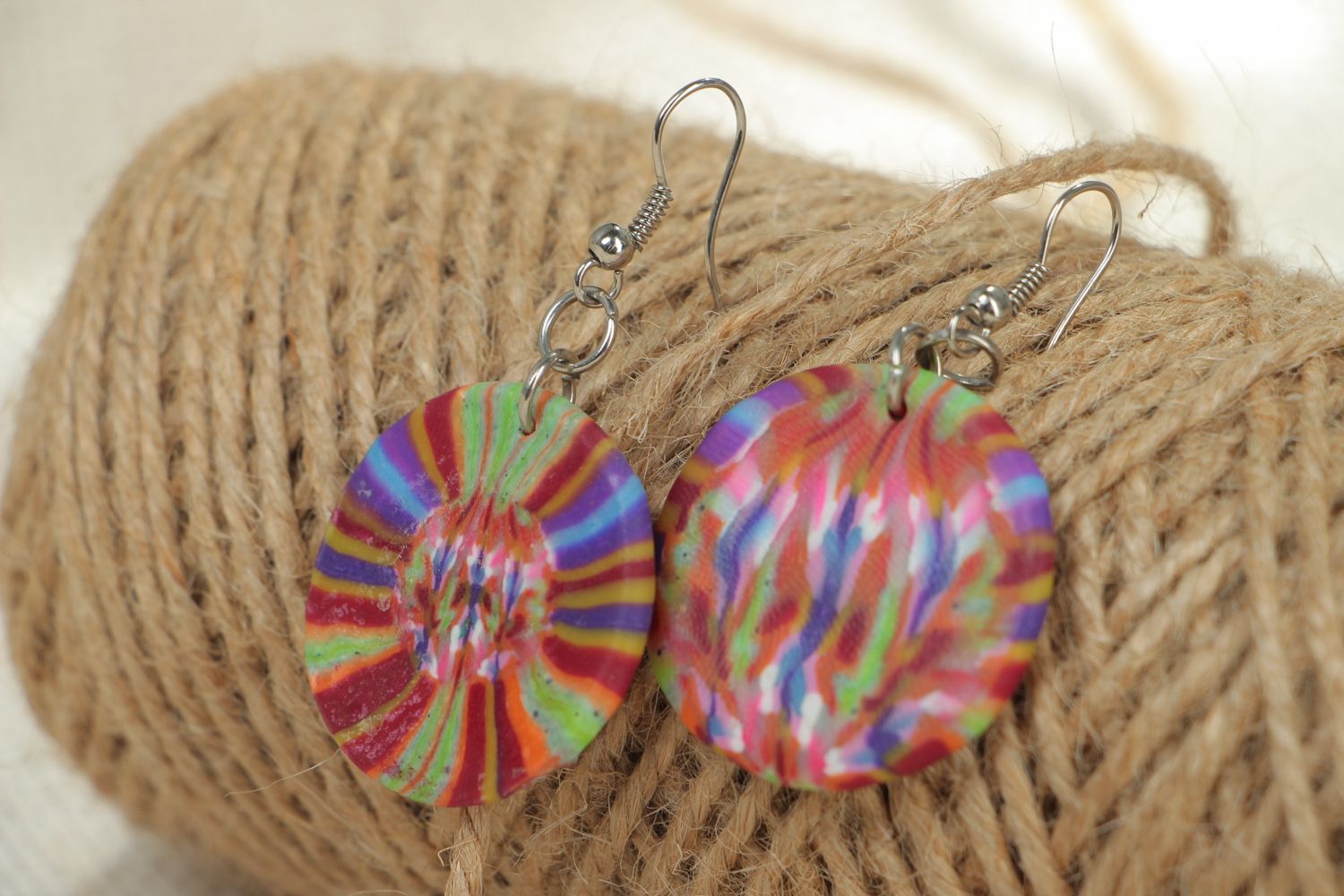 Bright color polymer clay round earrings photo 4