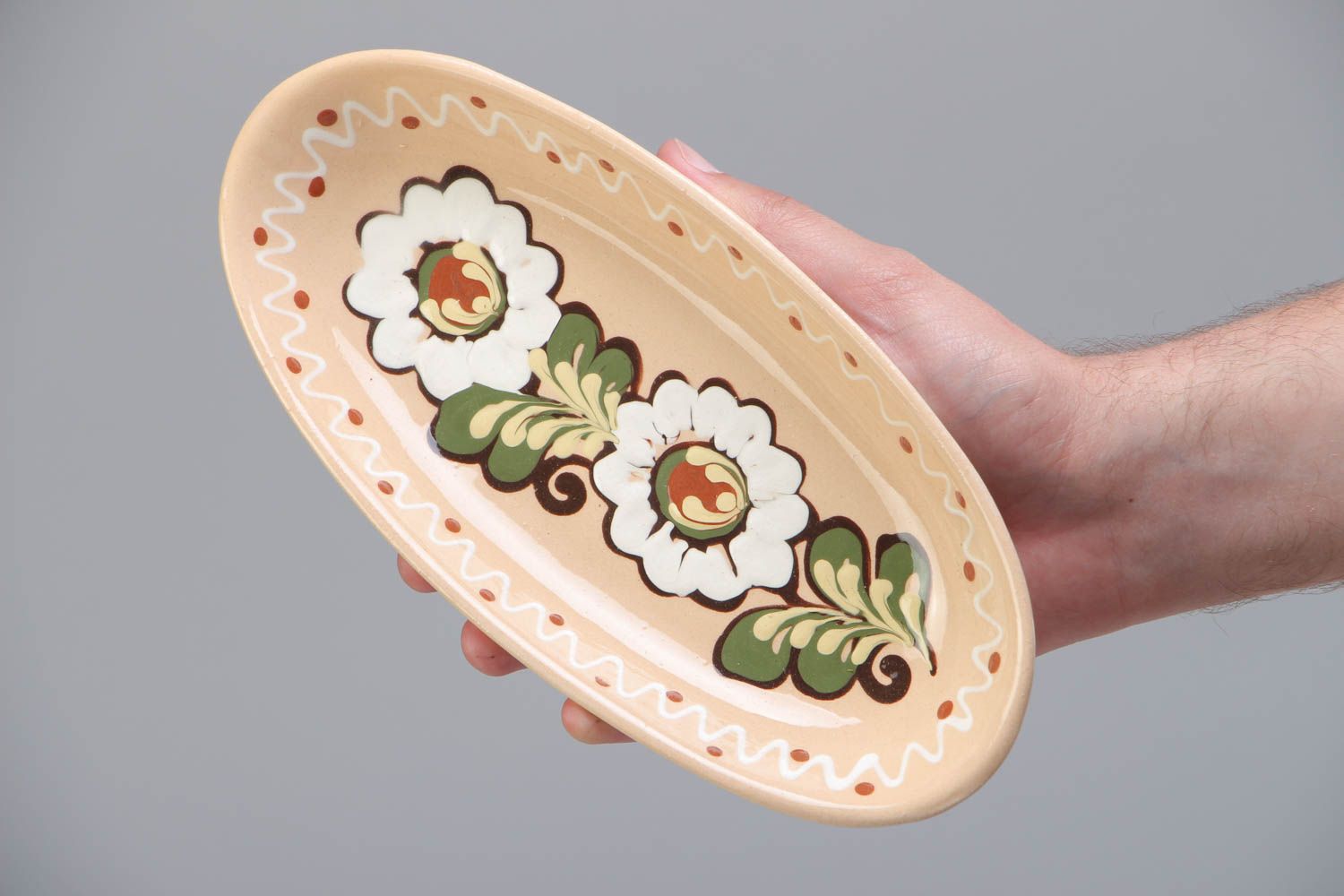 Handmade narrow long plate painted with colorful glaze for serving fish  photo 5
