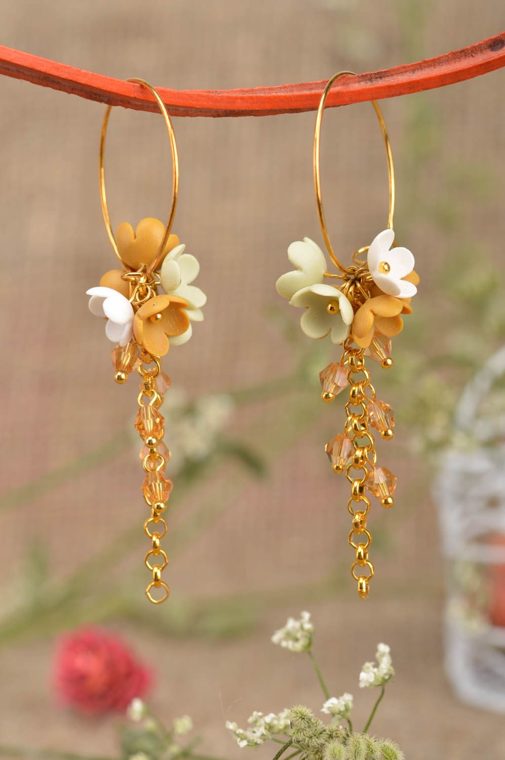 Long handmade polymer clay earrings plastic flower earrings womens jewelry photo 1